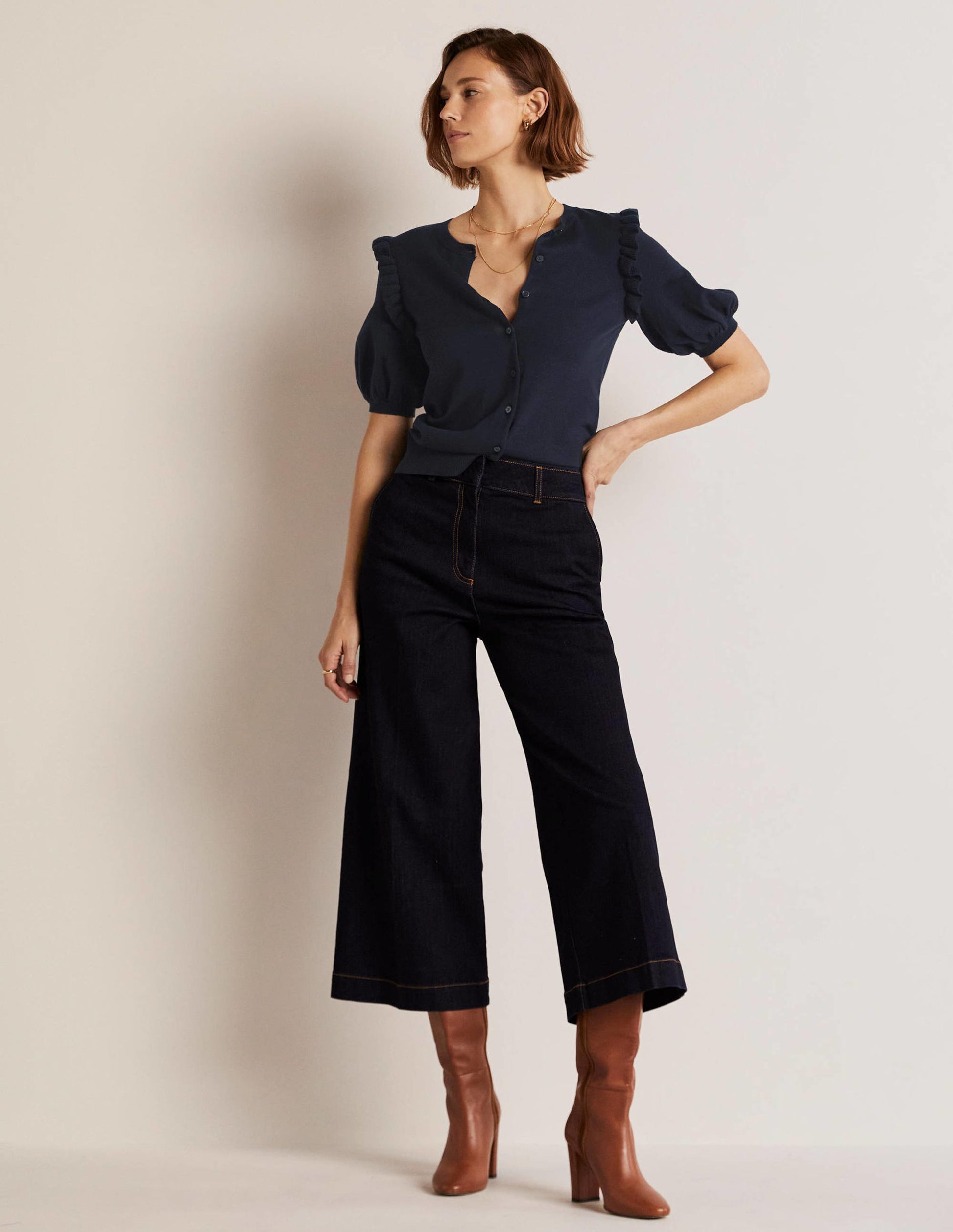 Frill Shoulder Cotton Cardigan-Navy-8