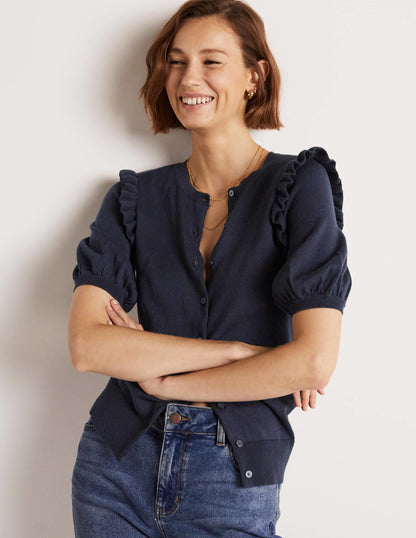 Frill Shoulder Cotton Cardigan-Navy-1