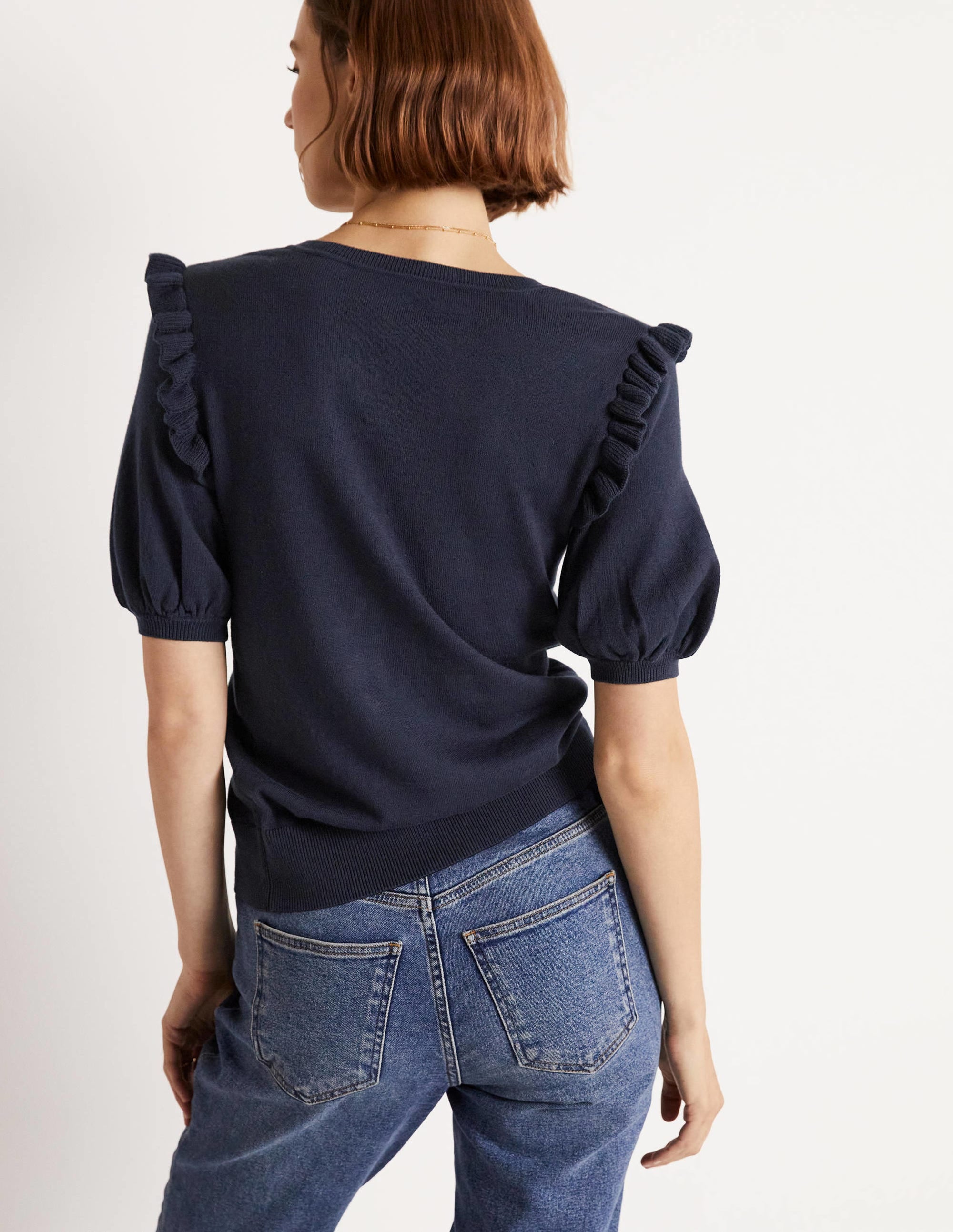Gilet en coton à épaules volantées-Bleu marine - Image 3