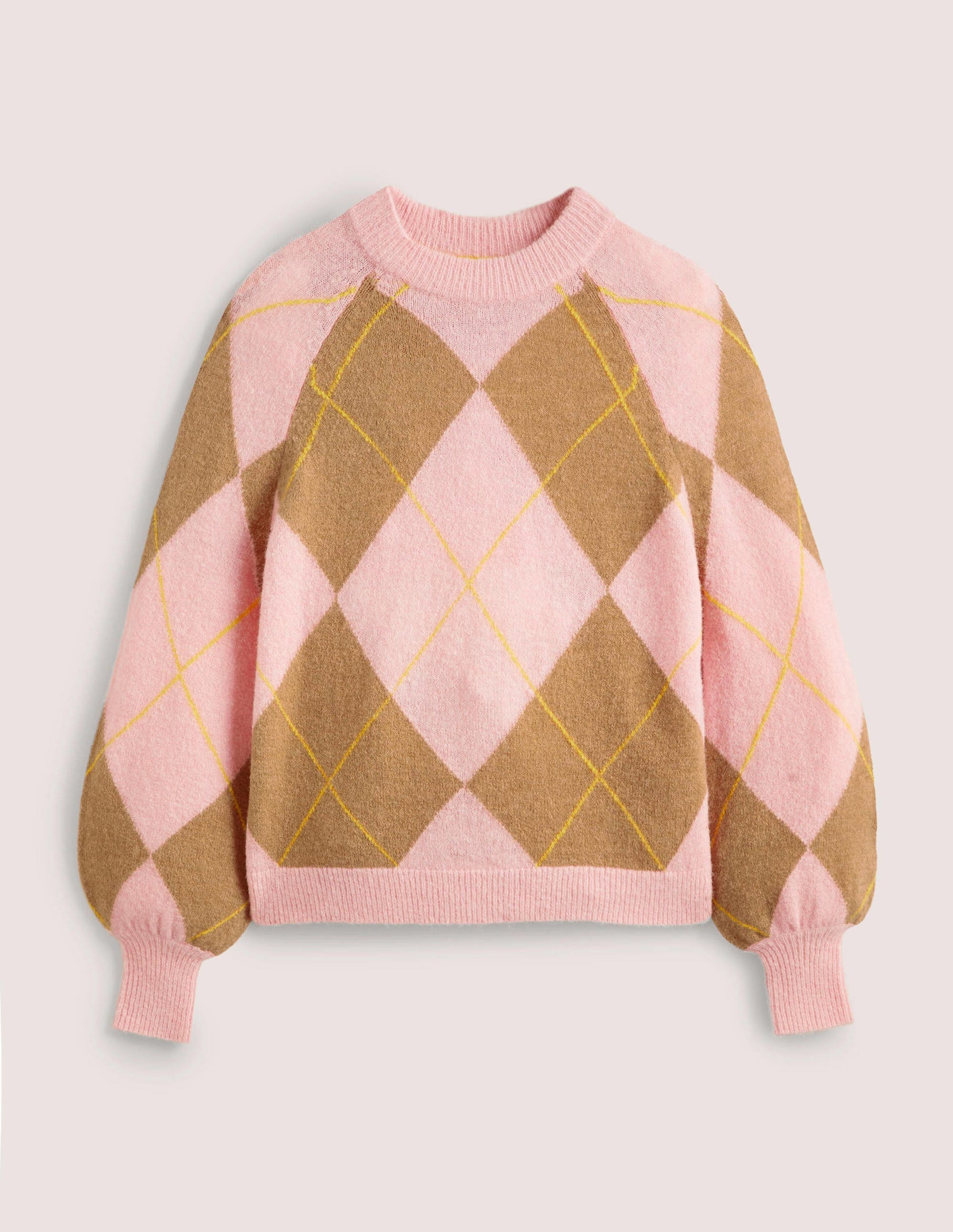 Flauschiger Pullover mit Blousonärmeln-Kamelhaarbraun/Delfinrosa, Argyle-Muster-6
