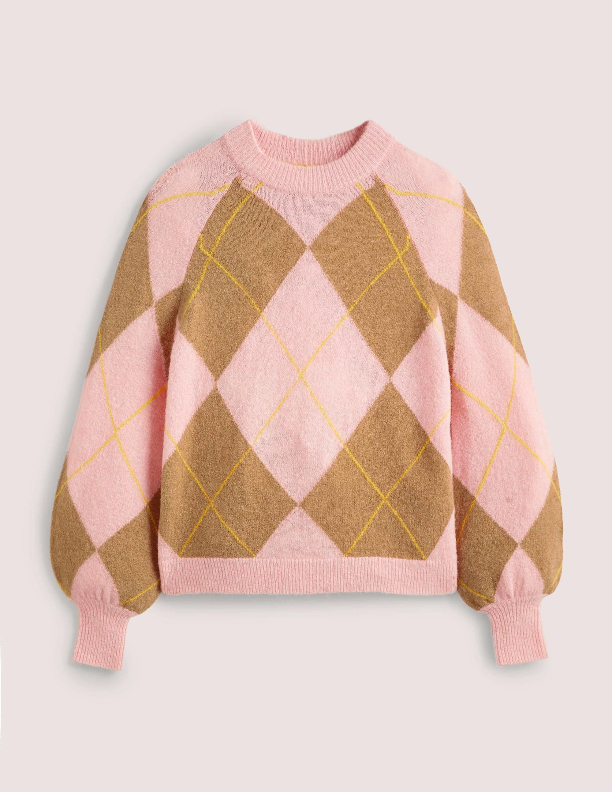 Flauschiger Pullover mit Blousonärmeln-Kamelhaarbraun/Delfinrosa, Argyle-Muster - Image 6