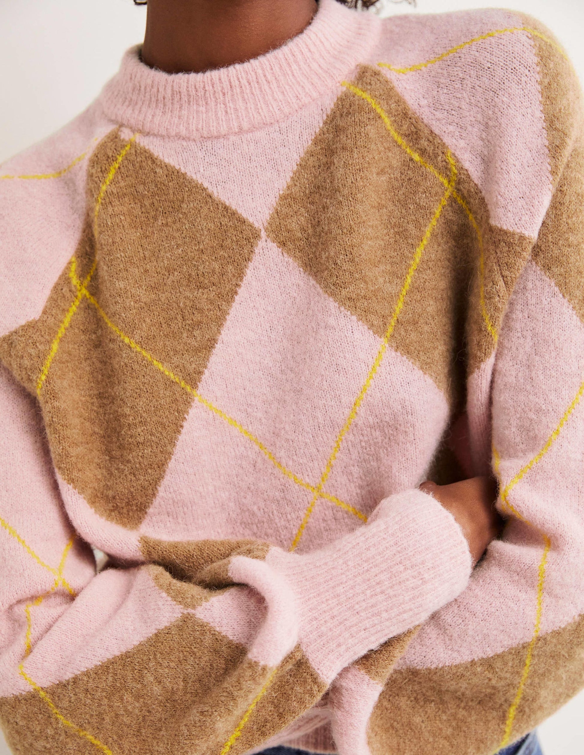 Flauschiger Pullover mit Blousonärmeln-Kamelhaarbraun/Delfinrosa, Argyle-Muster-2