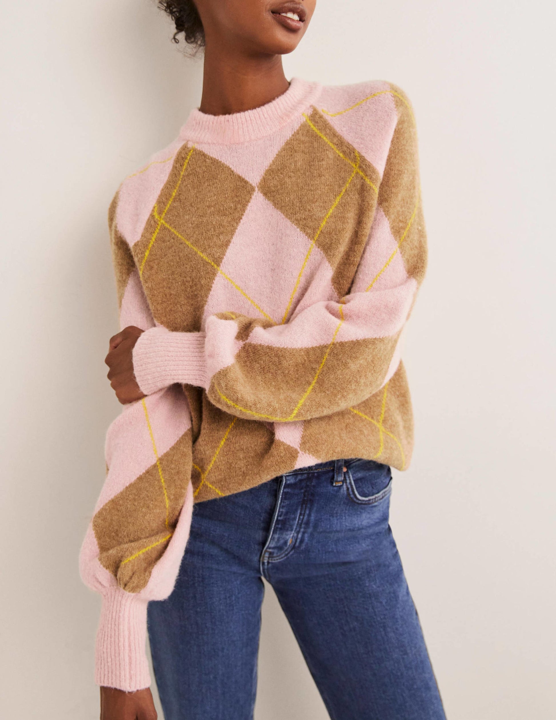 Flauschiger Pullover mit Blousonärmeln-Kamelhaarbraun/Delfinrosa, Argyle-Muster-4