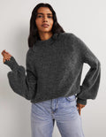 Flauschiger Pullover mit Blousonärmeln-Anthrazit Melange