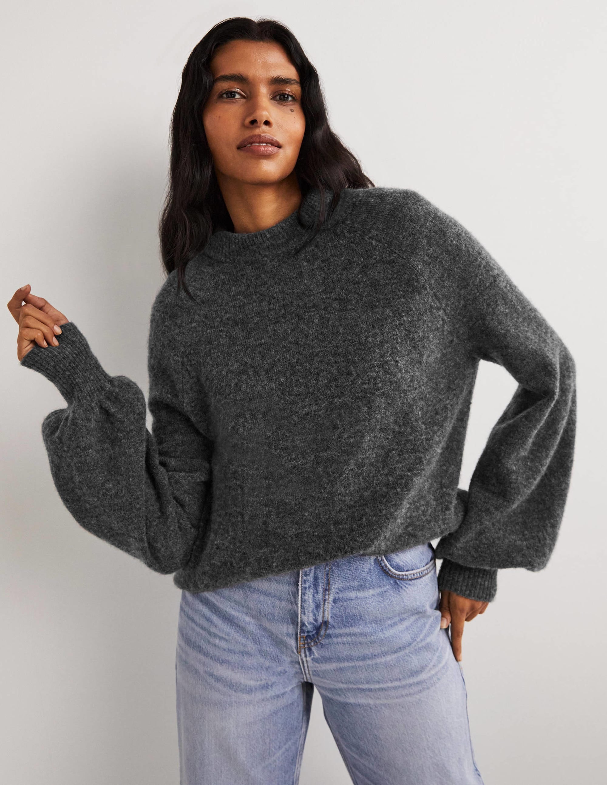 Flauschiger Pullover mit Blousonärmeln-Anthrazit Melange - Image 1