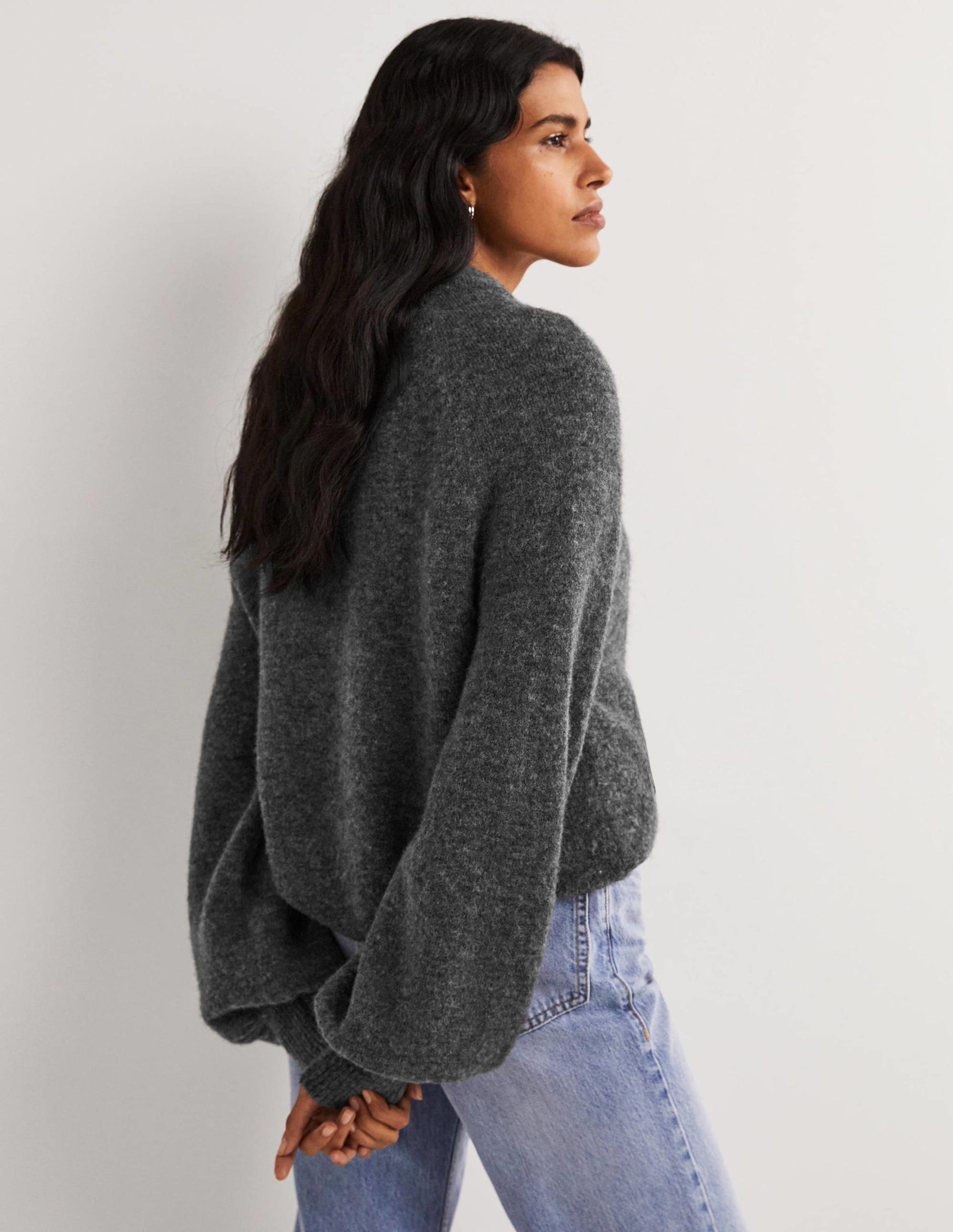 Flauschiger Pullover mit Blousonärmeln-Anthrazit Melange-3
