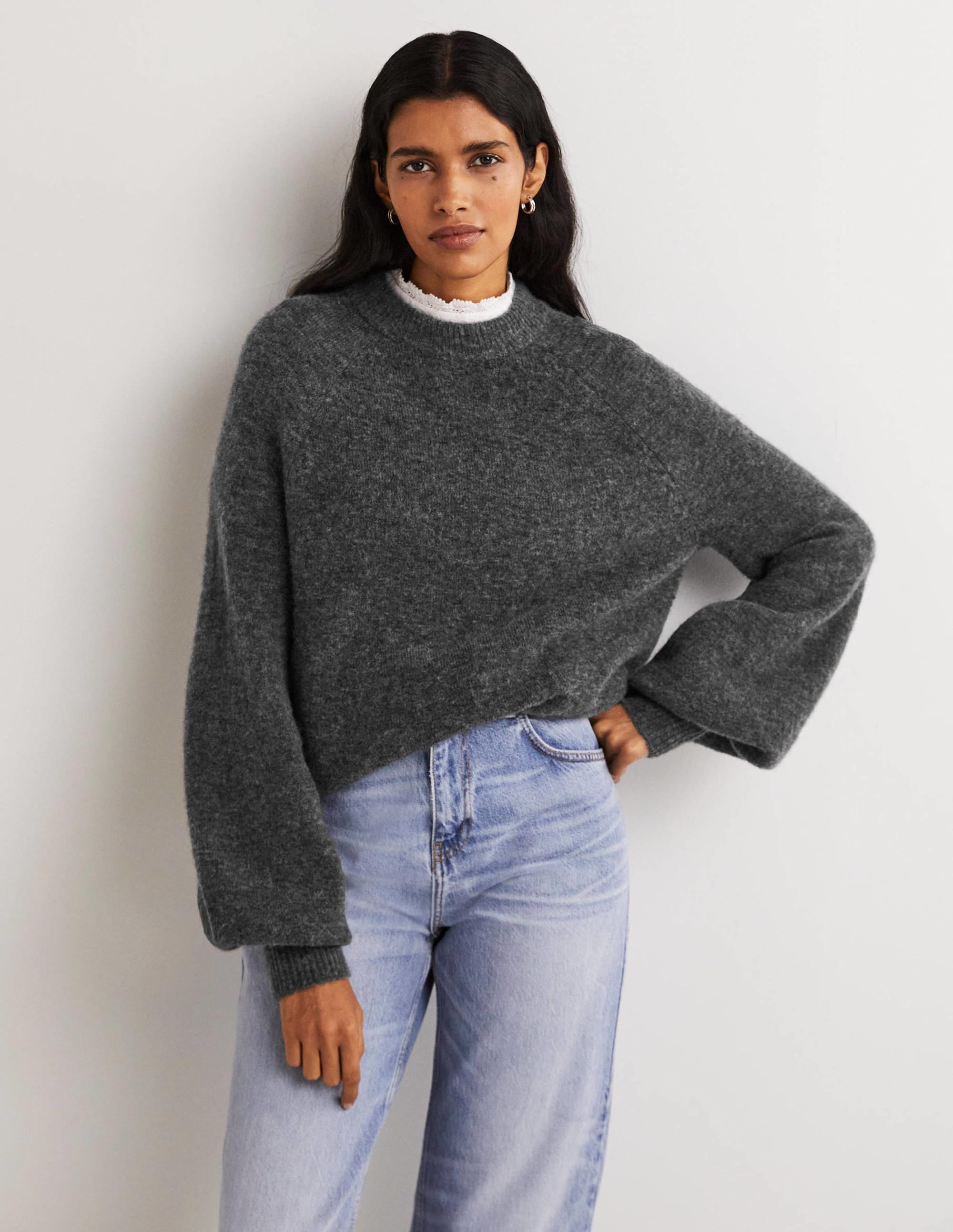 Flauschiger Pullover mit Blousonärmeln-Anthrazit Melange - Image 4
