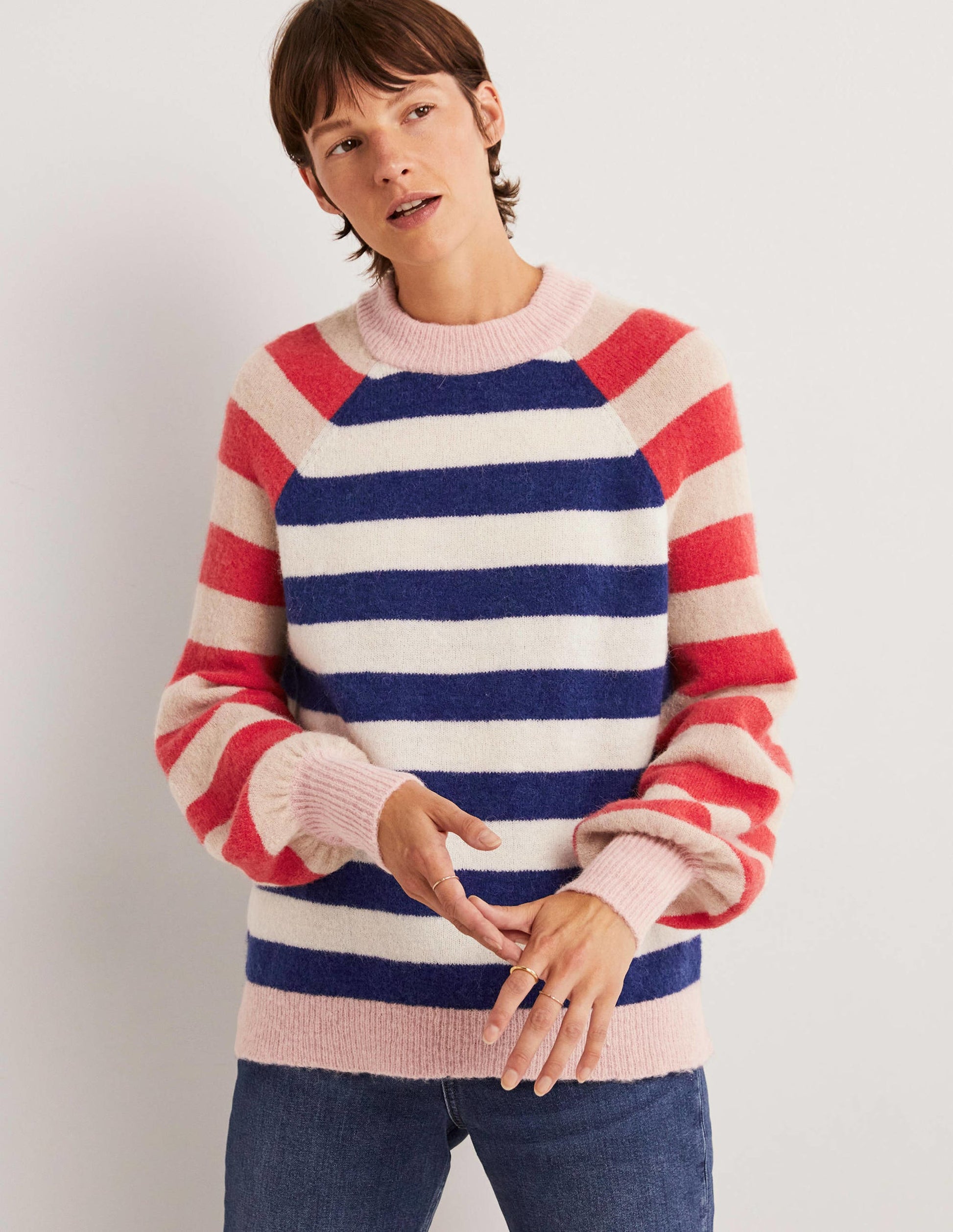Blouson Sleeve Fluffy Jumper-Starboard, Ivory Mixed Stripe-4