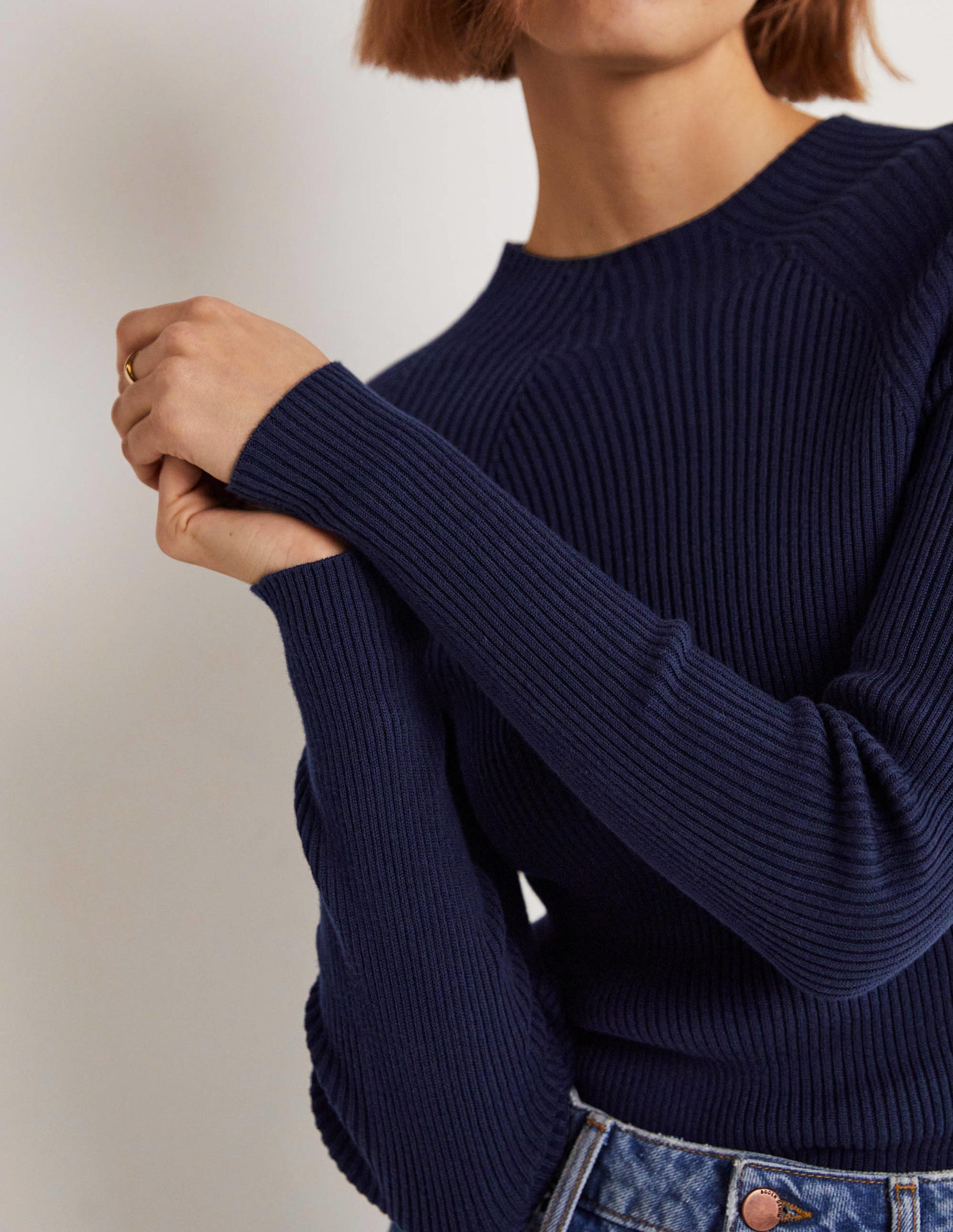 Gerippter Pullover mit hohem Kragen-Marineblau-6