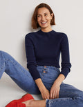 Gerippter Pullover mit hohem Kragen-Marineblau