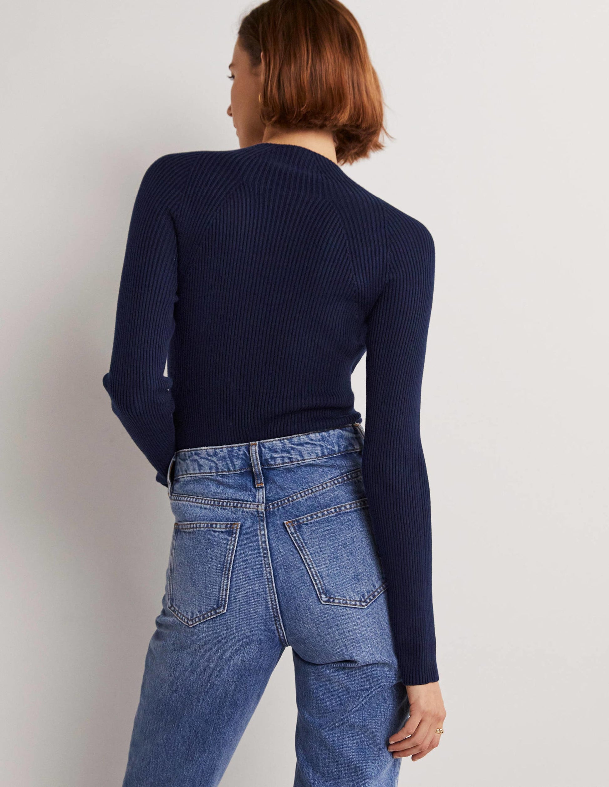 Gerippter Pullover mit hohem Kragen-Marineblau-3