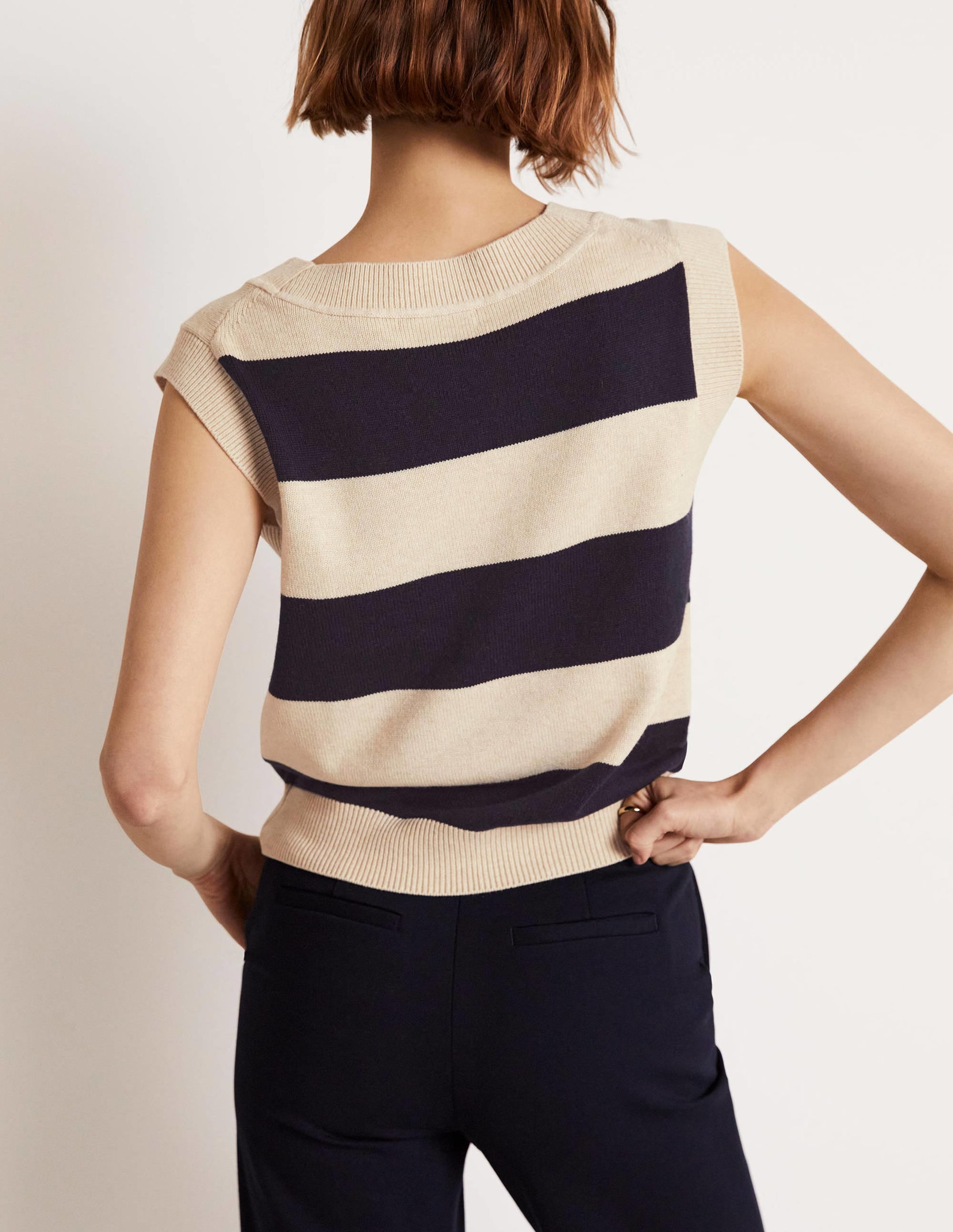 Strickpullunder mit V-Ausschnitt-Navy/Hellbeige Melange, Gestreift - Image 8