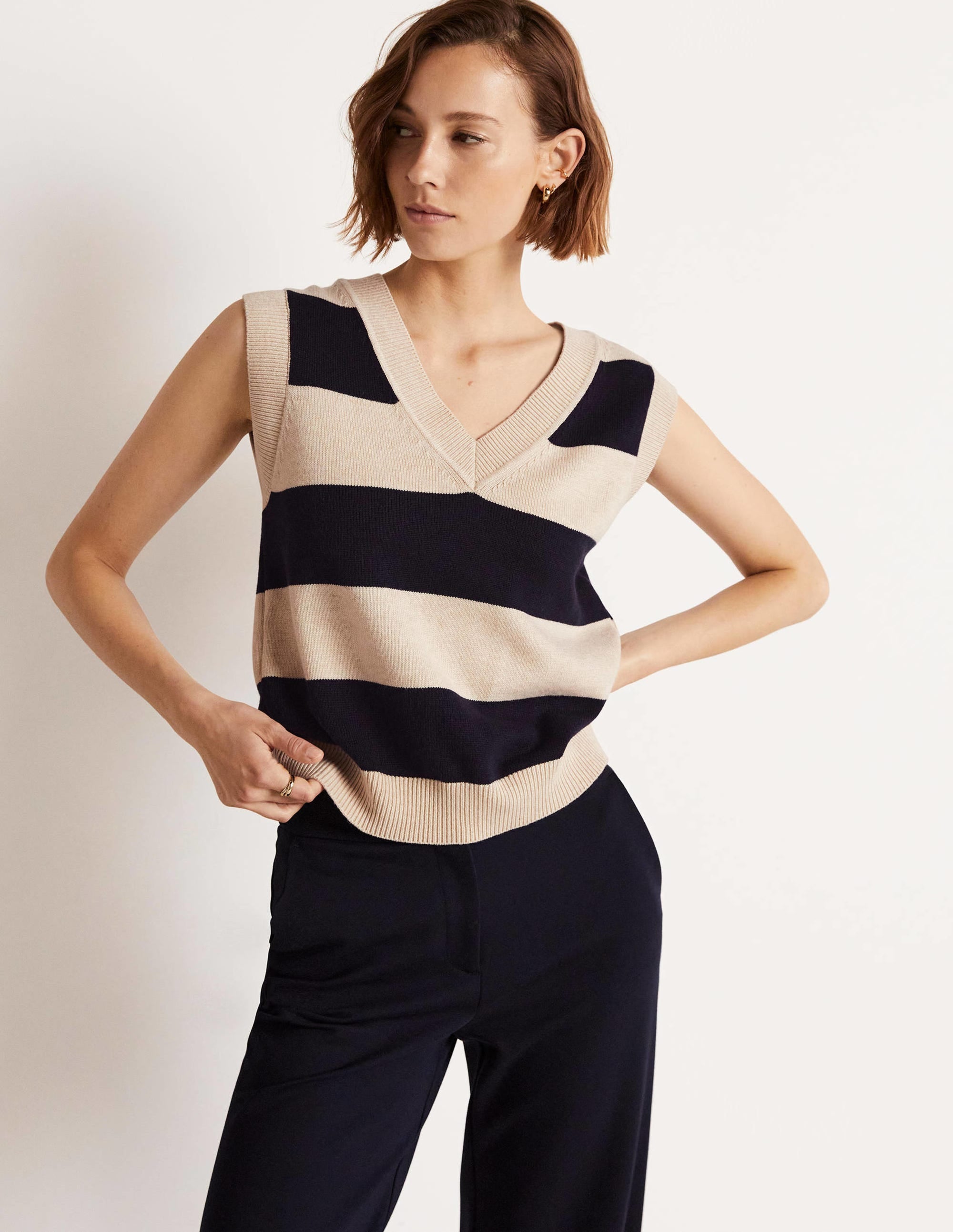 Strickpullunder mit V-Ausschnitt-Navy/Hellbeige Melange, Gestreift - Image 9