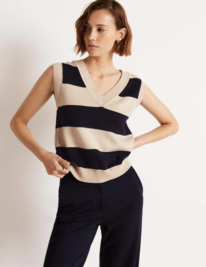 Strickpullunder mit V-Ausschnitt-Navy/Hellbeige Melange, Gestreift-9