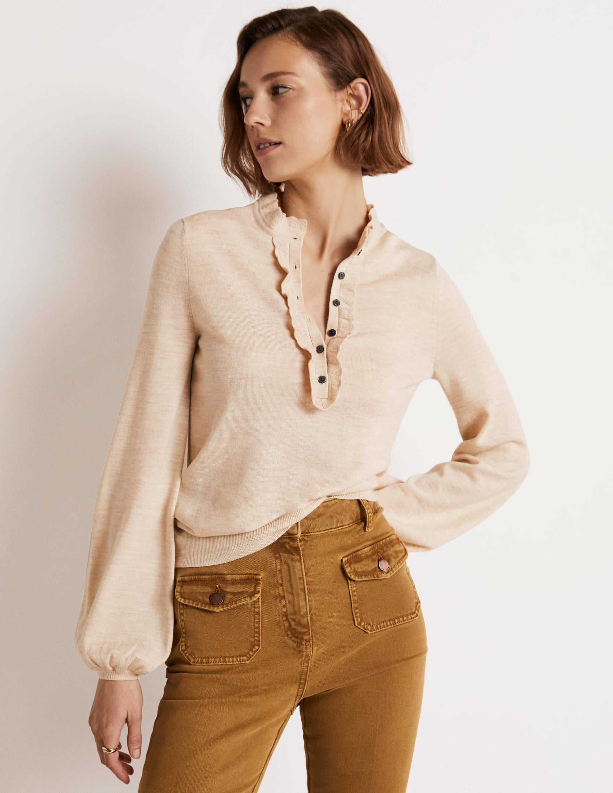 Merinopullover mit Knopfleiste vorne-Hellbeige Melange - Image 1