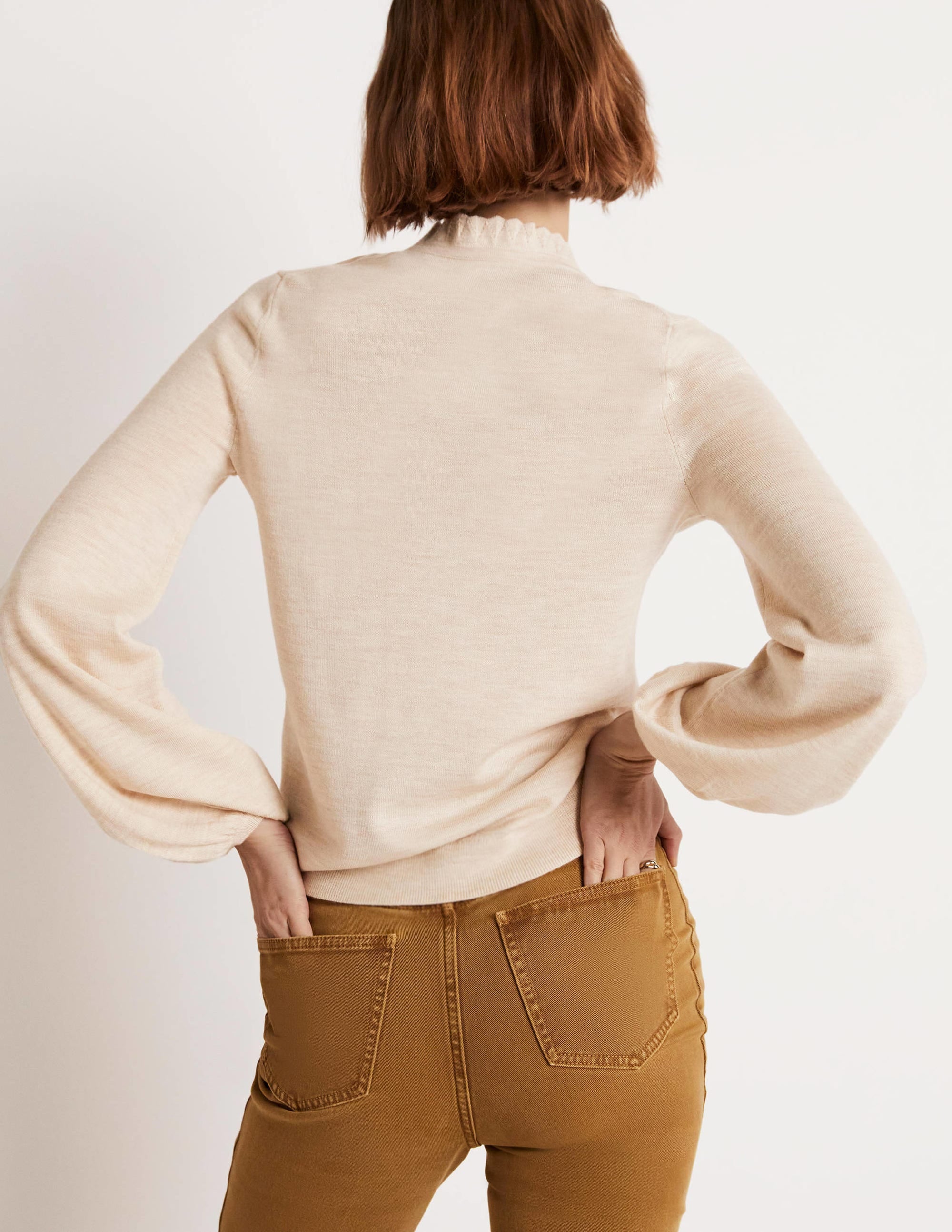 Merinopullover mit Knopfleiste vorne-Hellbeige Melange - Image 3