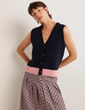 Button Up Knitted Tank Top-Navy, Milkshake