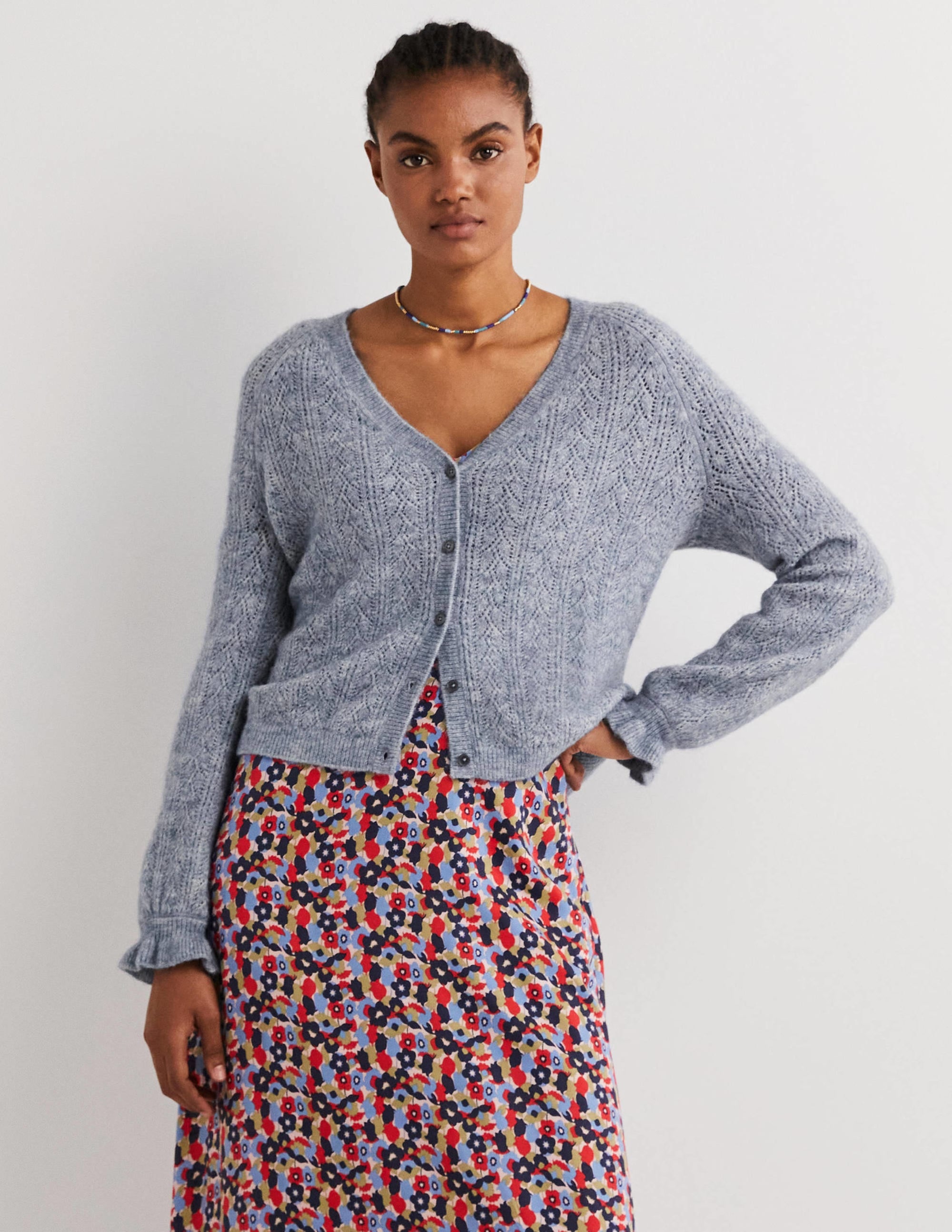 Gilet duveteux en pointelle-Bleu caporal chiné - Image 1