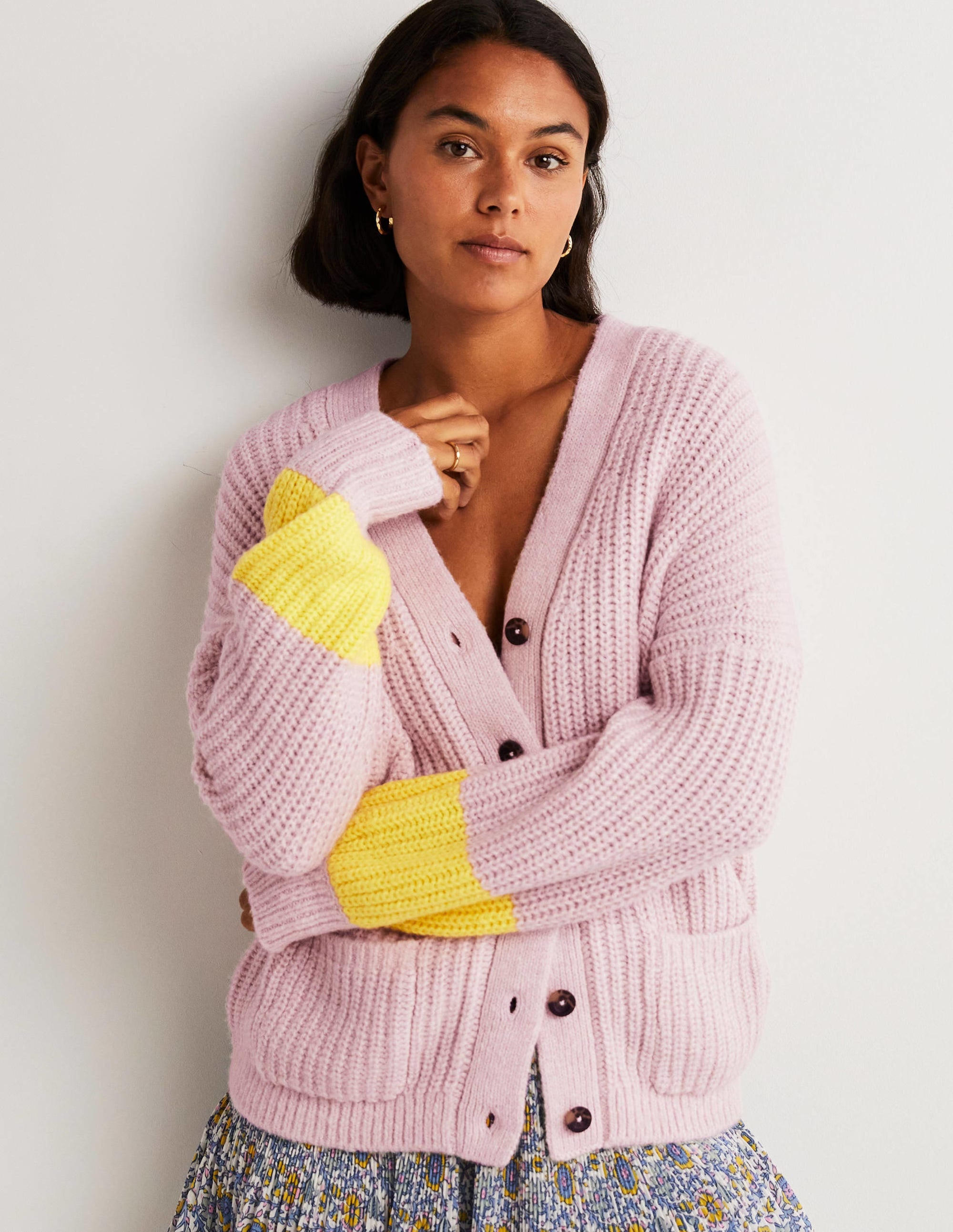 Fluffy Rib Relaxed Cardigan-Milkshake Pink, Neon Yellow - Image 1