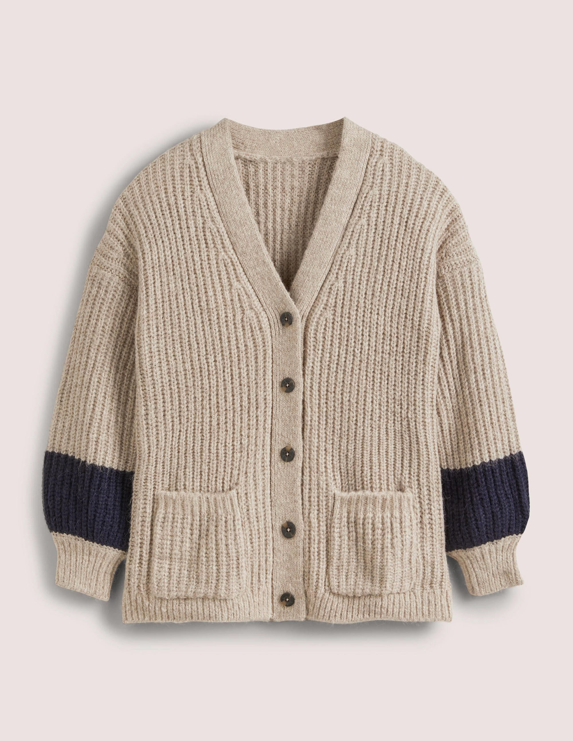 Fluffy Rib Relaxed Cardigan-Mink Melange, Navy - Image 6