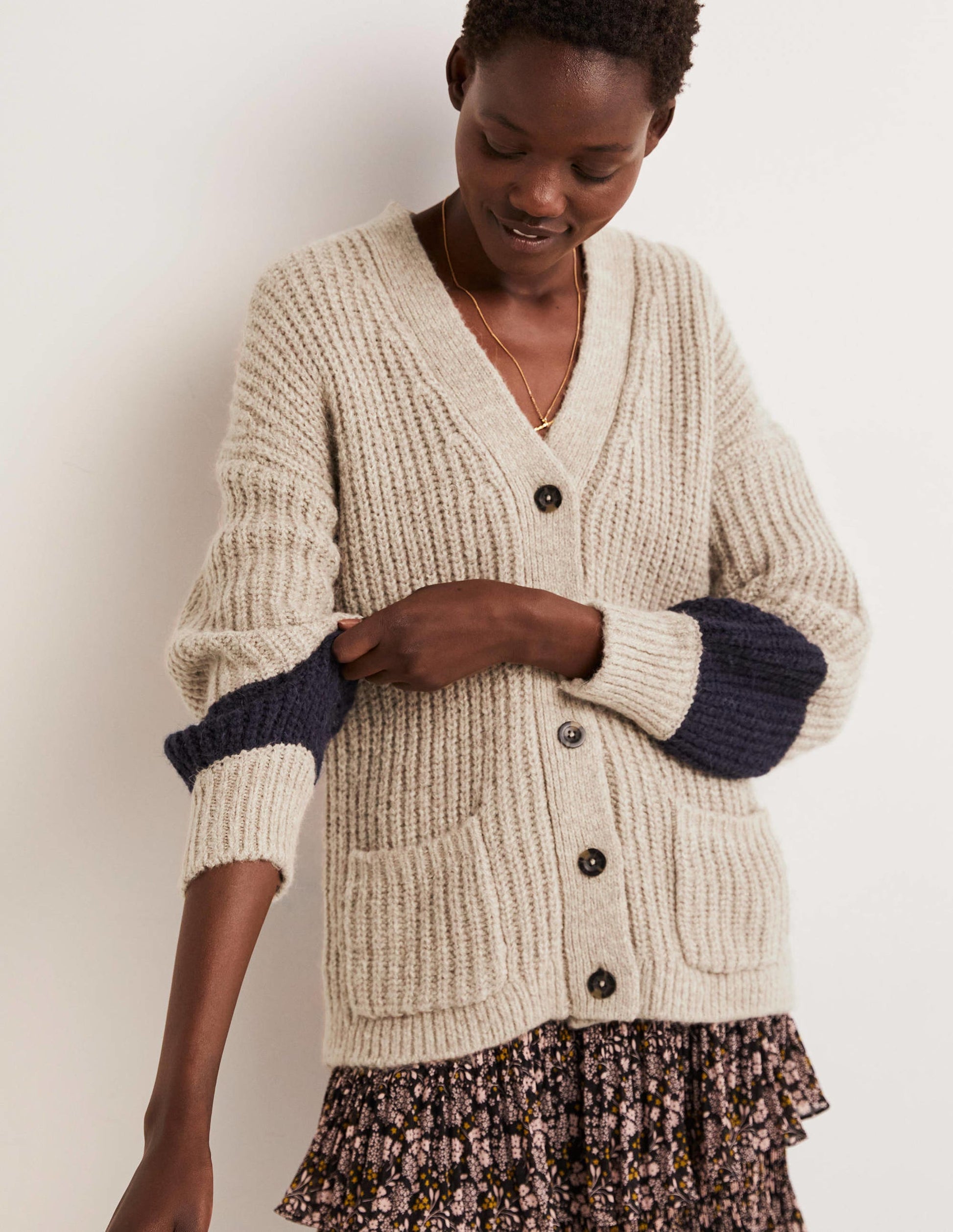Fluffy Rib Relaxed Cardigan-Mink Melange, Navy-1