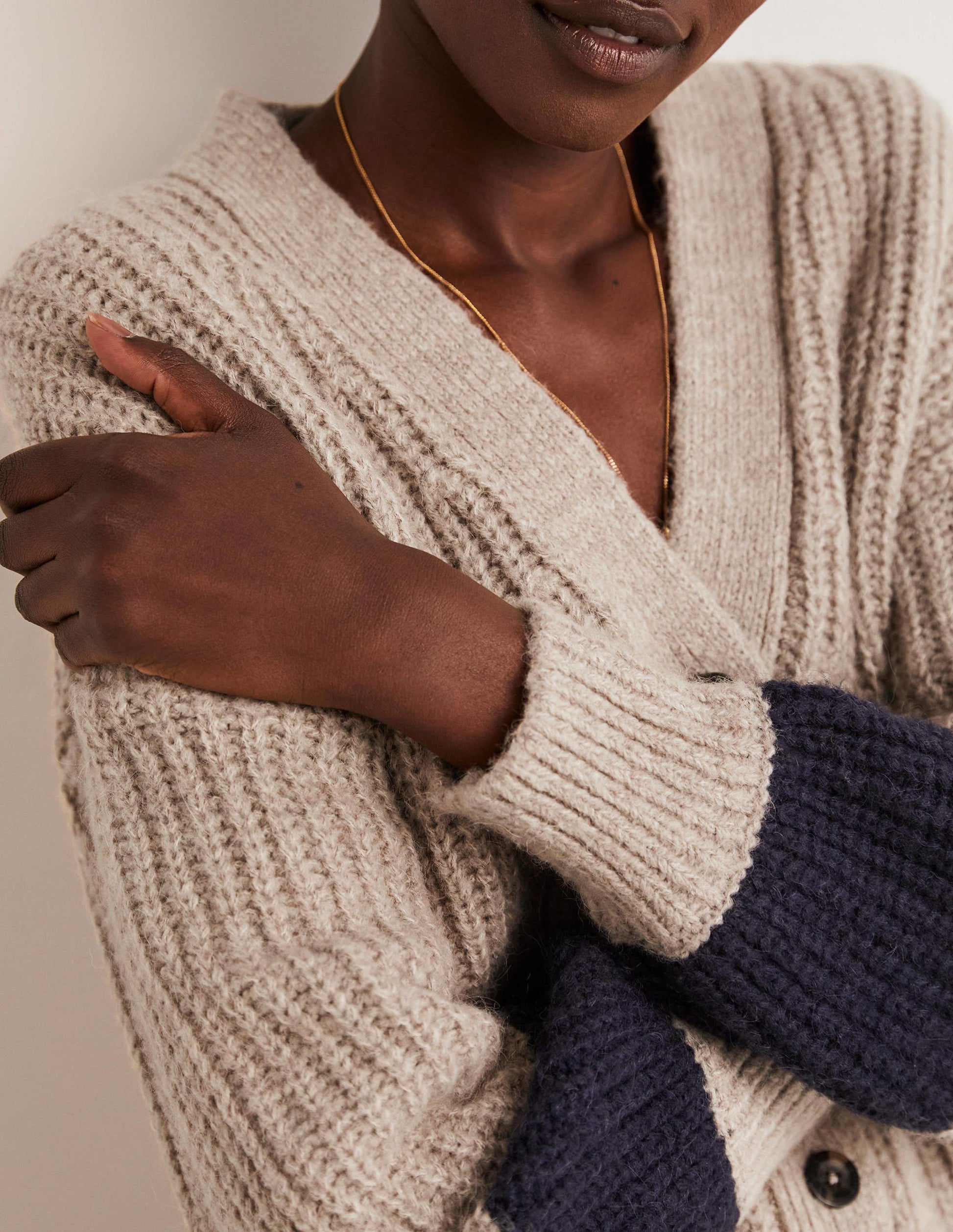 Fluffy Rib Relaxed Cardigan-Mink Melange, Navy-2