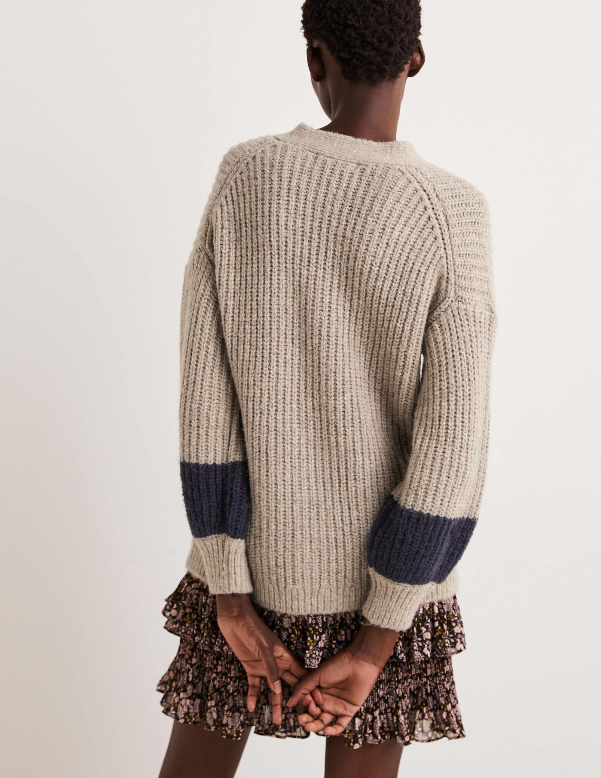 Fluffy Rib Relaxed Cardigan-Mink Melange, Navy - Image 3