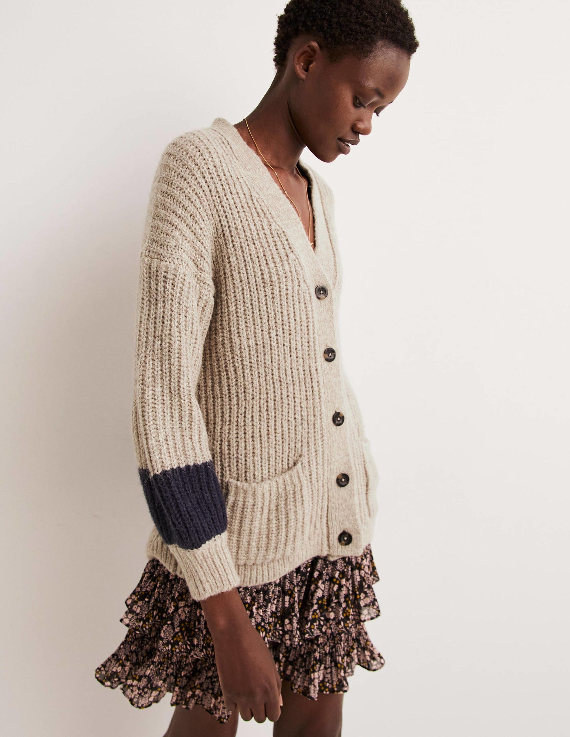 Fluffy Rib Relaxed Cardigan-Mink Melange, Navy-4