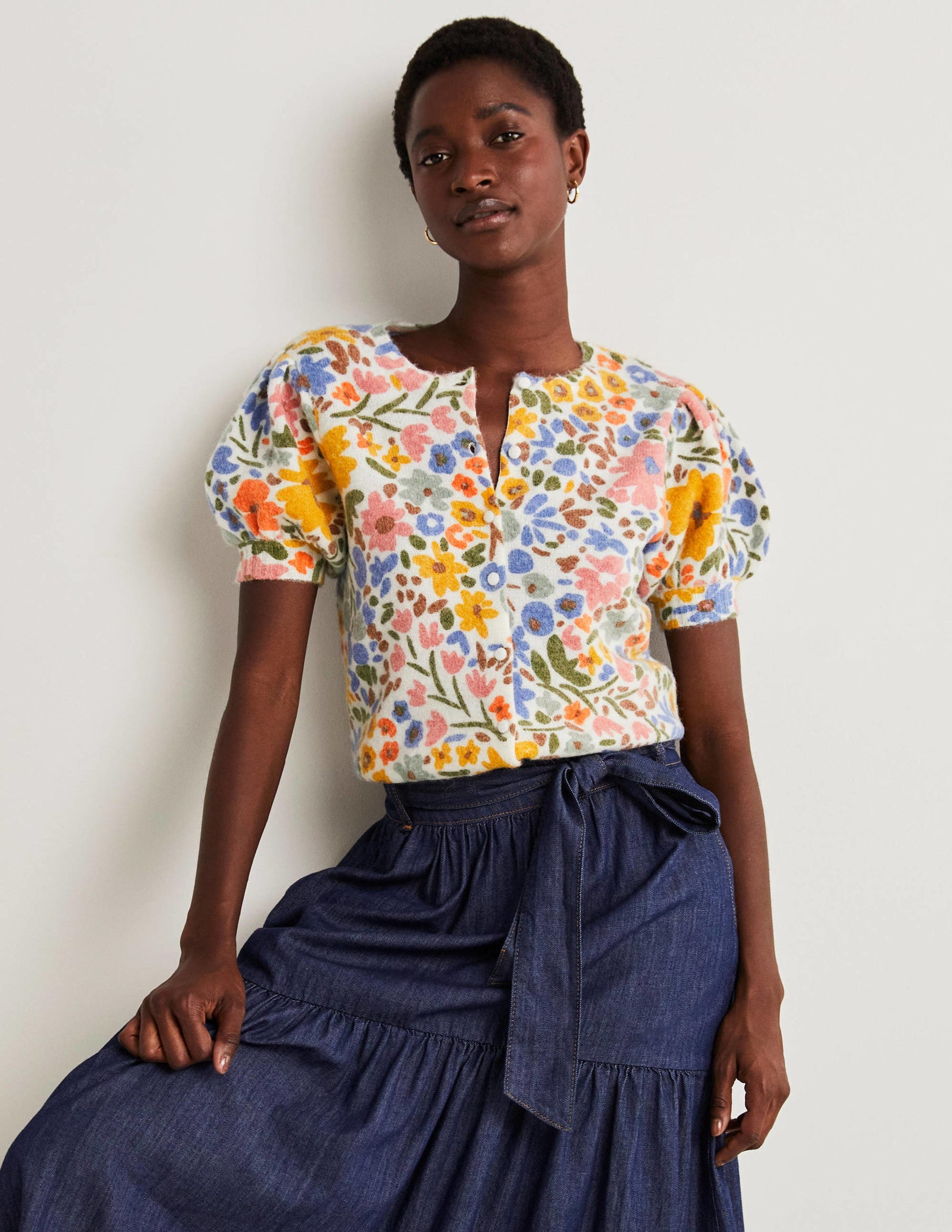 Cardigan imprimé à manches bouffantes-Ivoire, motif Abstract Ditsy-1