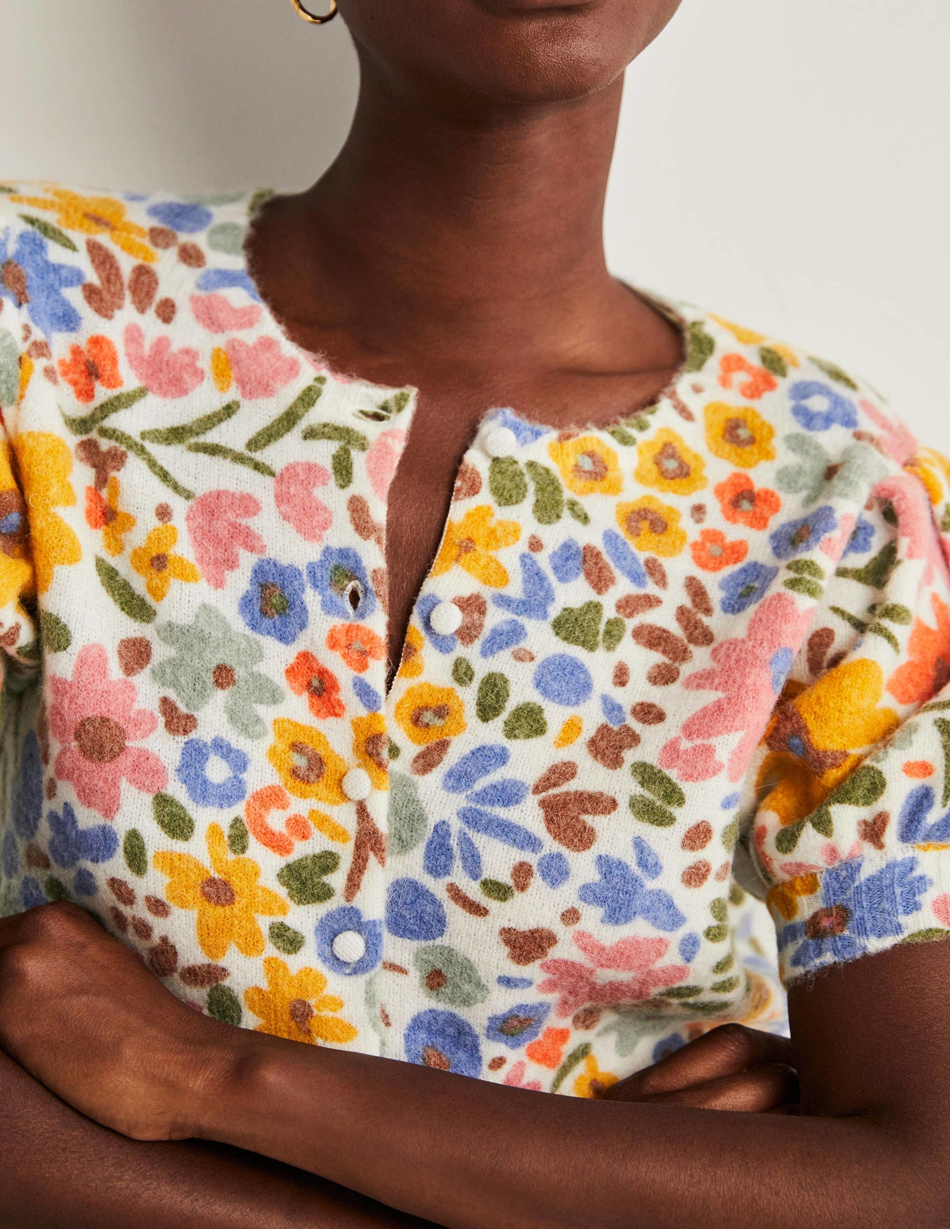 Cardigan imprimé à manches bouffantes-Ivoire, motif Abstract Ditsy-2