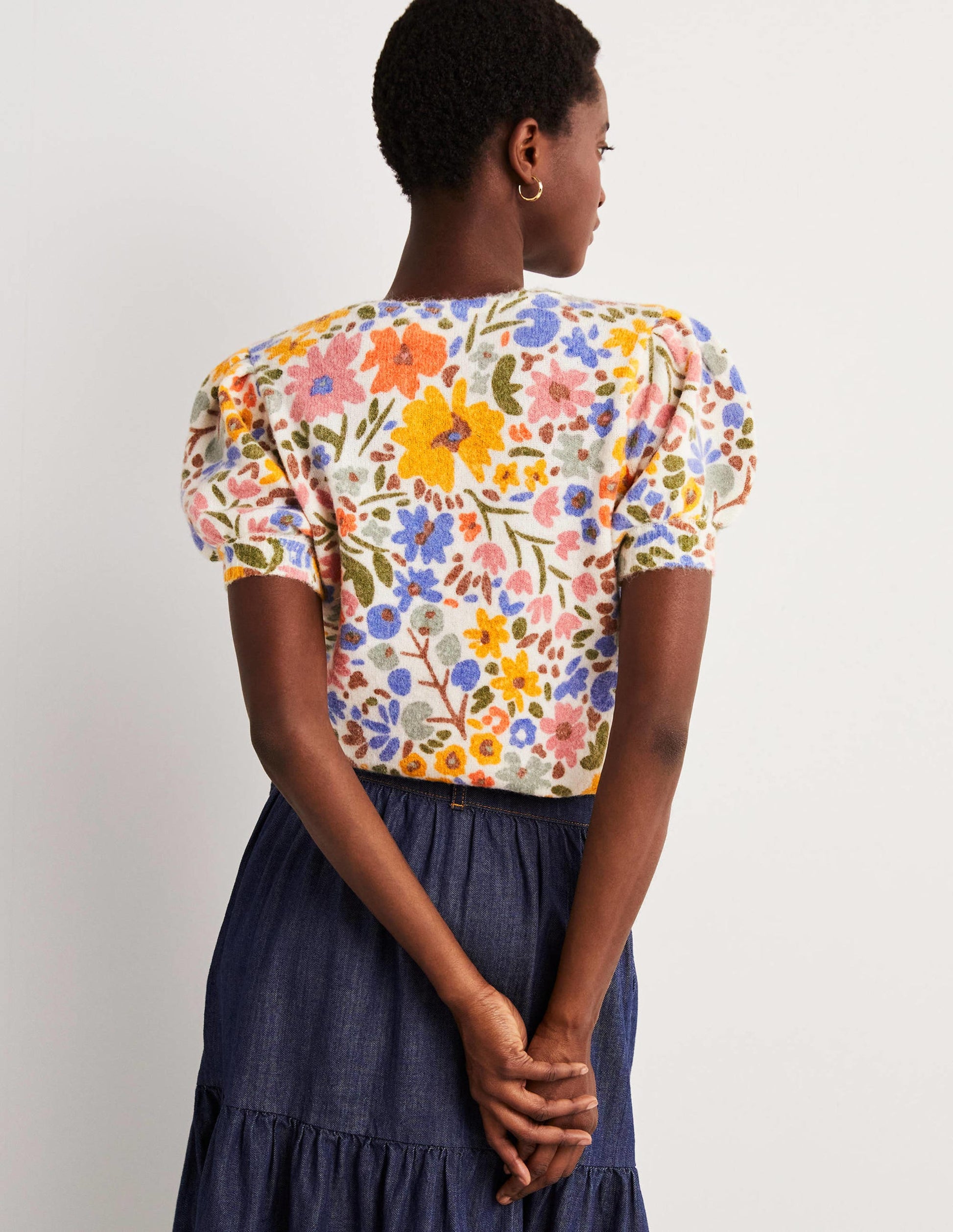 Cardigan imprimé à manches bouffantes-Ivoire, motif Abstract Ditsy-3