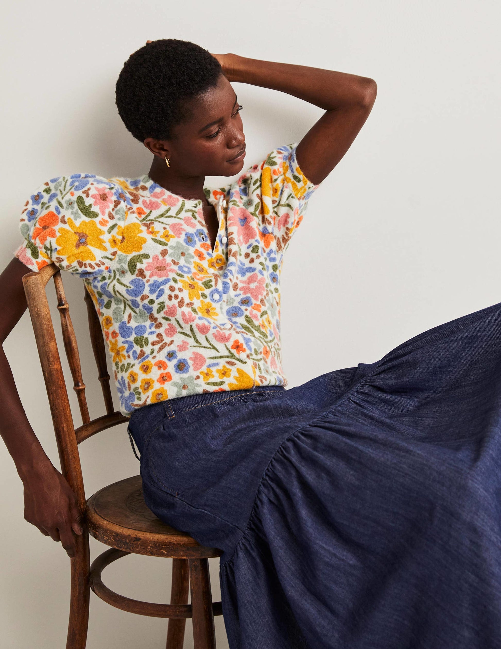 Cardigan imprimé à manches bouffantes-Ivoire, motif Abstract Ditsy-4