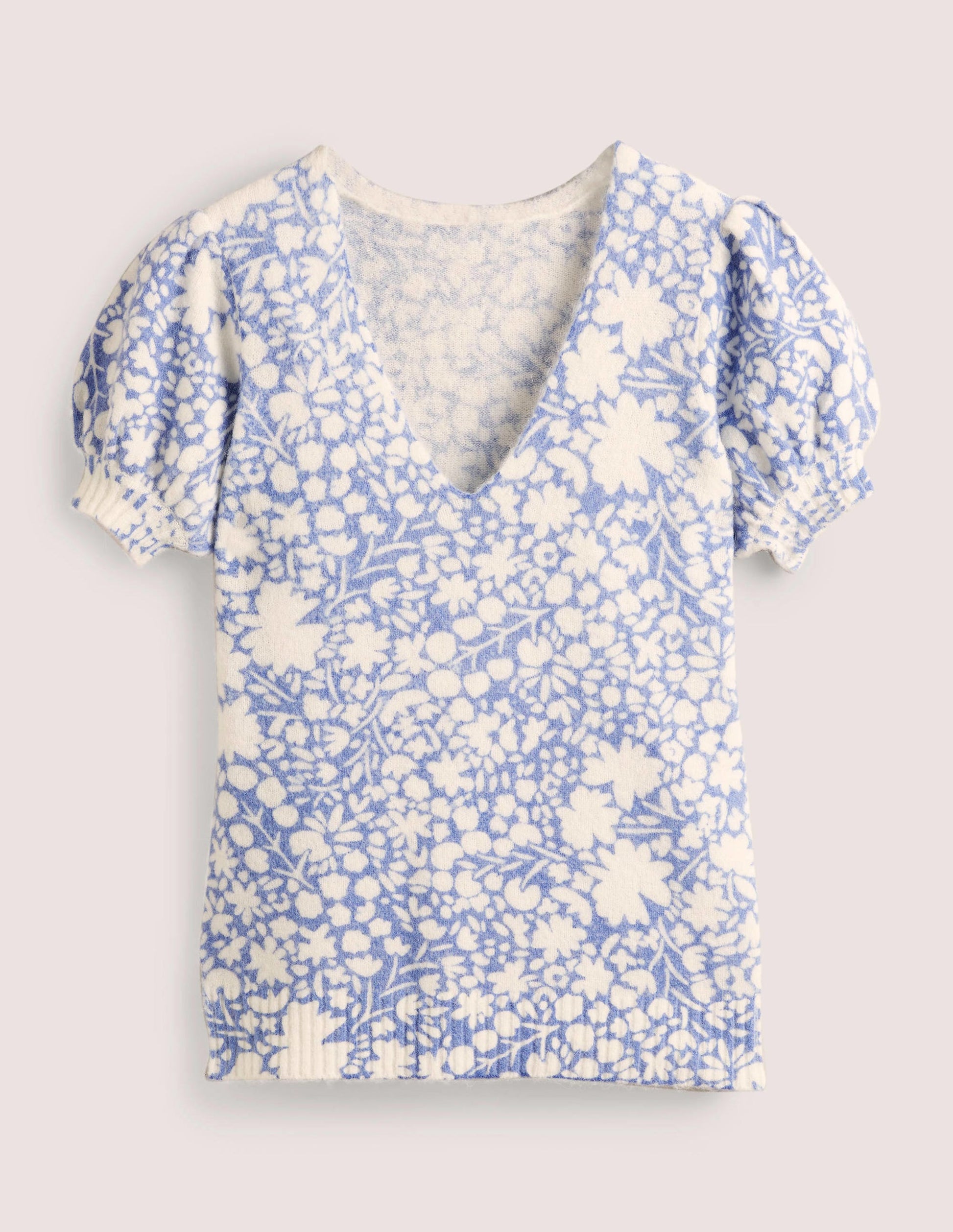 Gemusterter Pullover mit Puffärmeln-Rivierablau, Abstraktes Kleines Blumenmuster-6