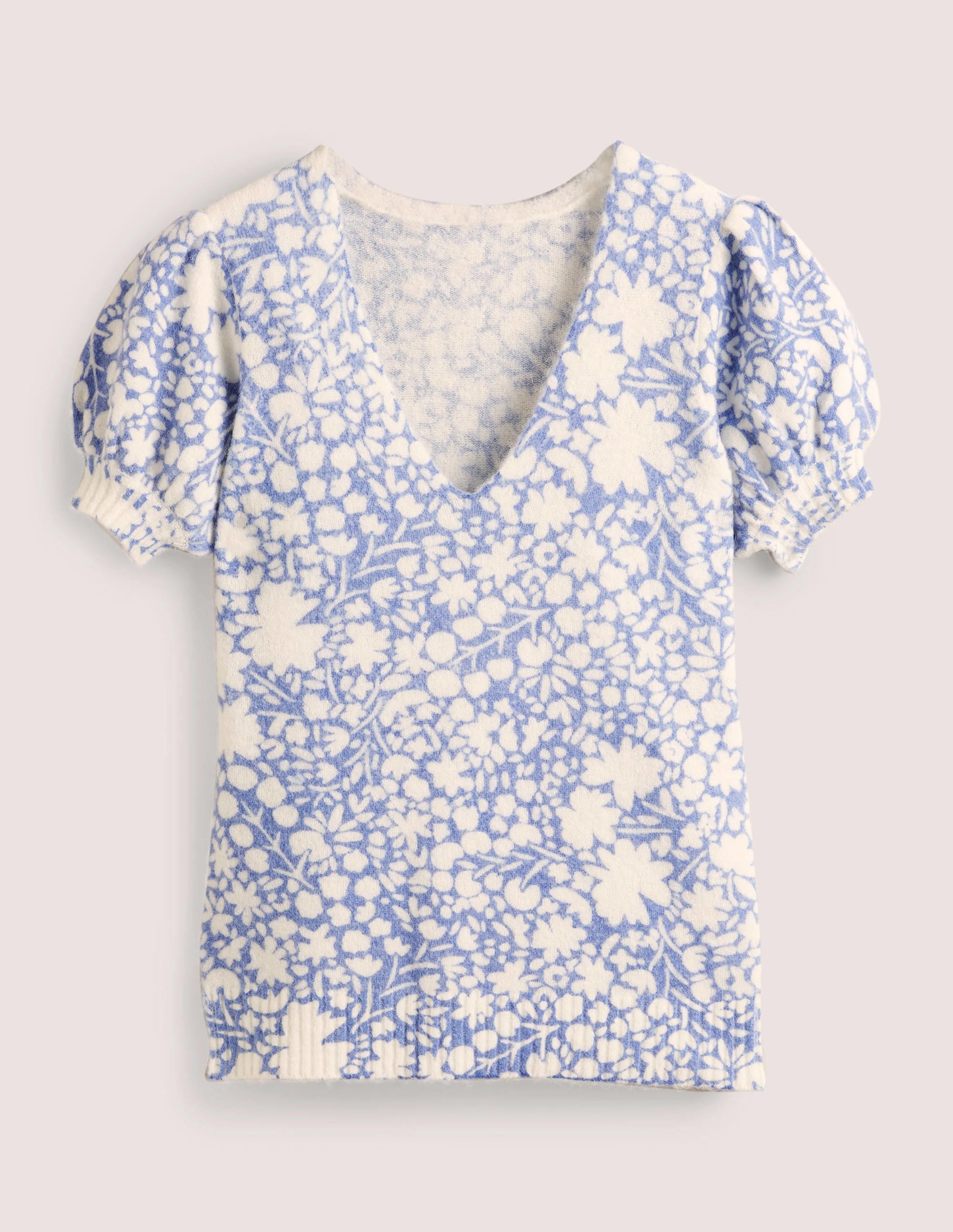 Gemusterter Pullover mit Puffärmeln-Rivierablau, Abstraktes Kleines Blumenmuster - Image 6
