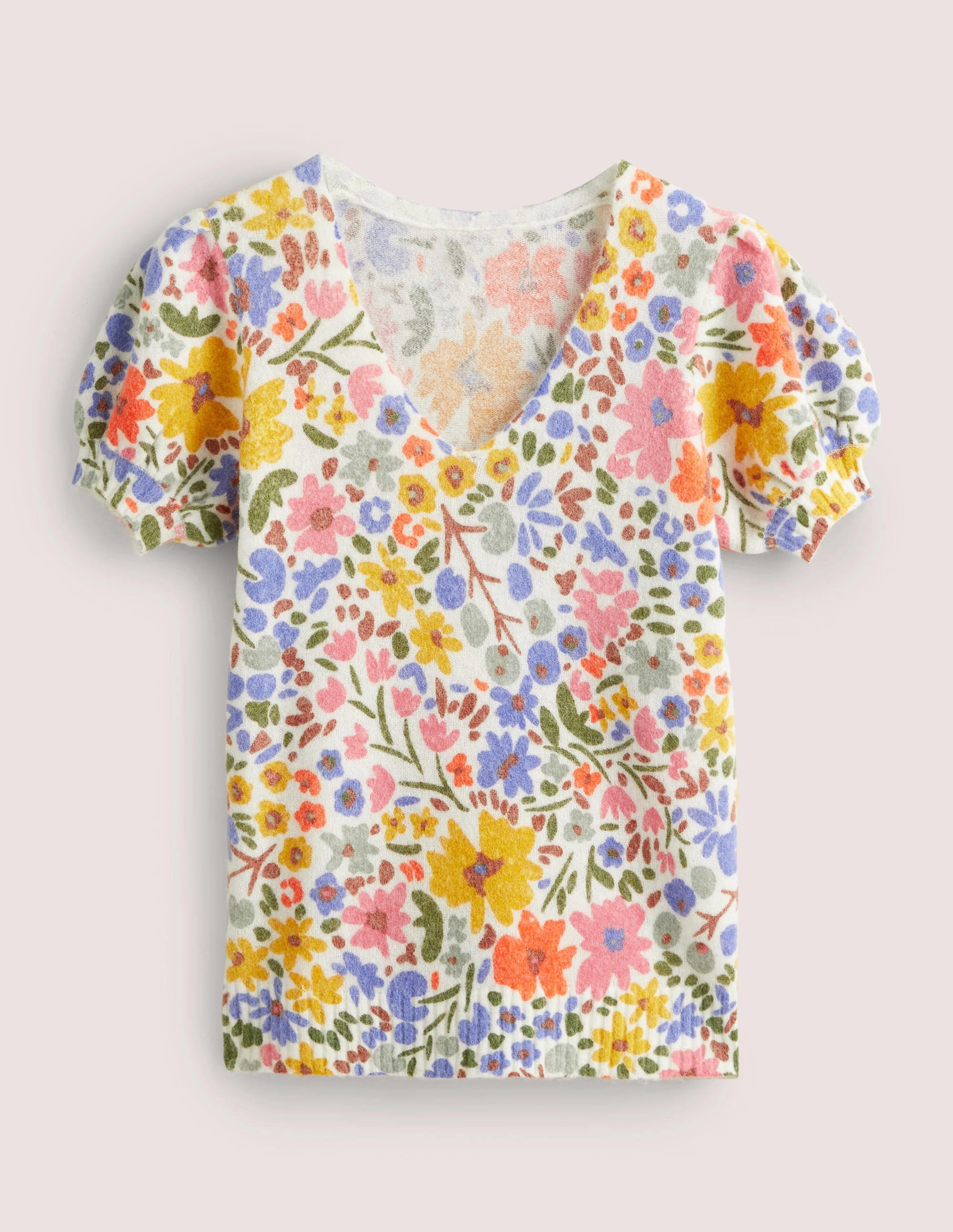 Gemusterter Pullover mit Puffärmeln-Naturweiß, Abstraktes Kleines Blumenmuster - Image 7