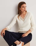 Cable Knit V-neck Jumper-Ivory