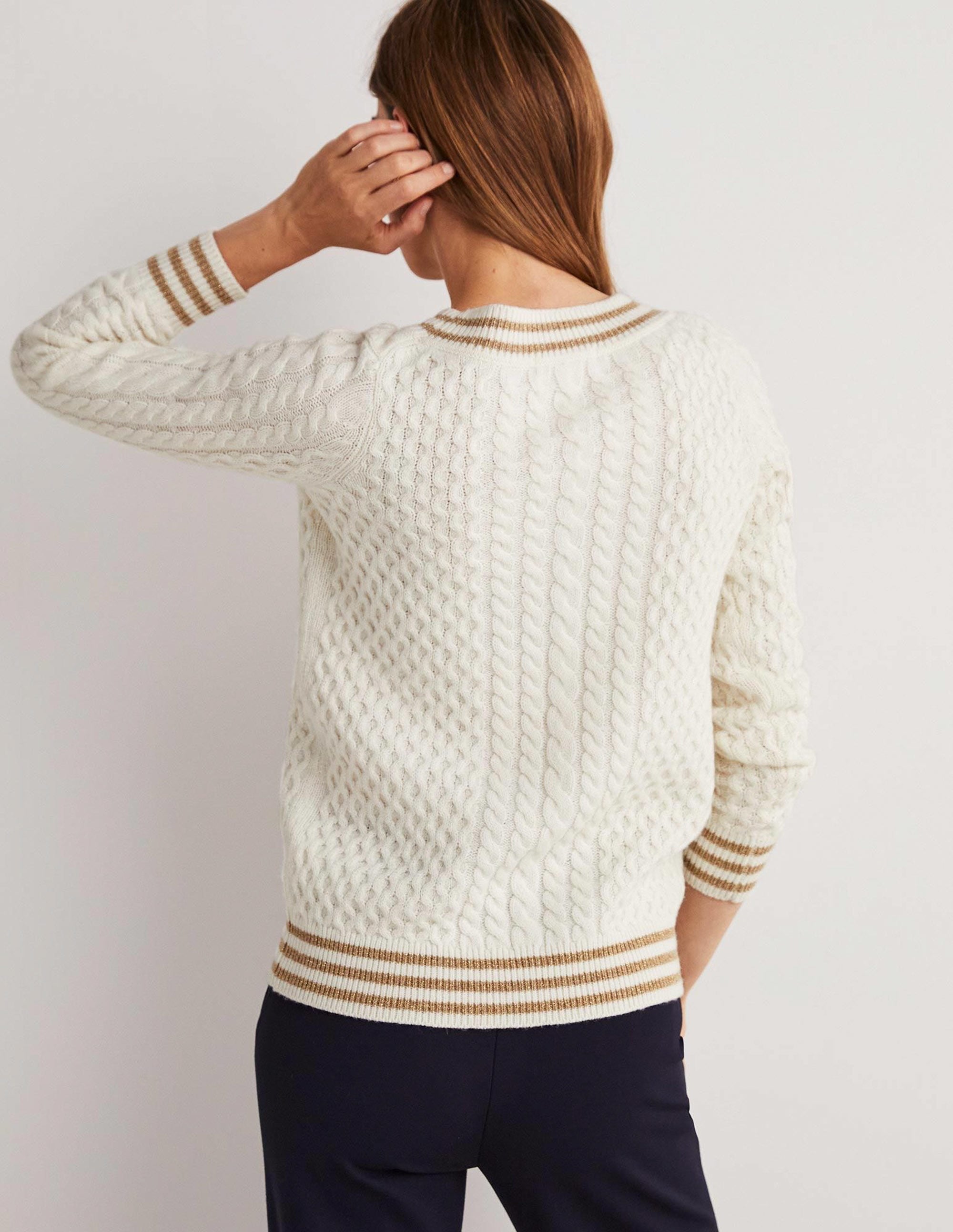 Cable Knit V-neck Jumper-Ivory - Image 3