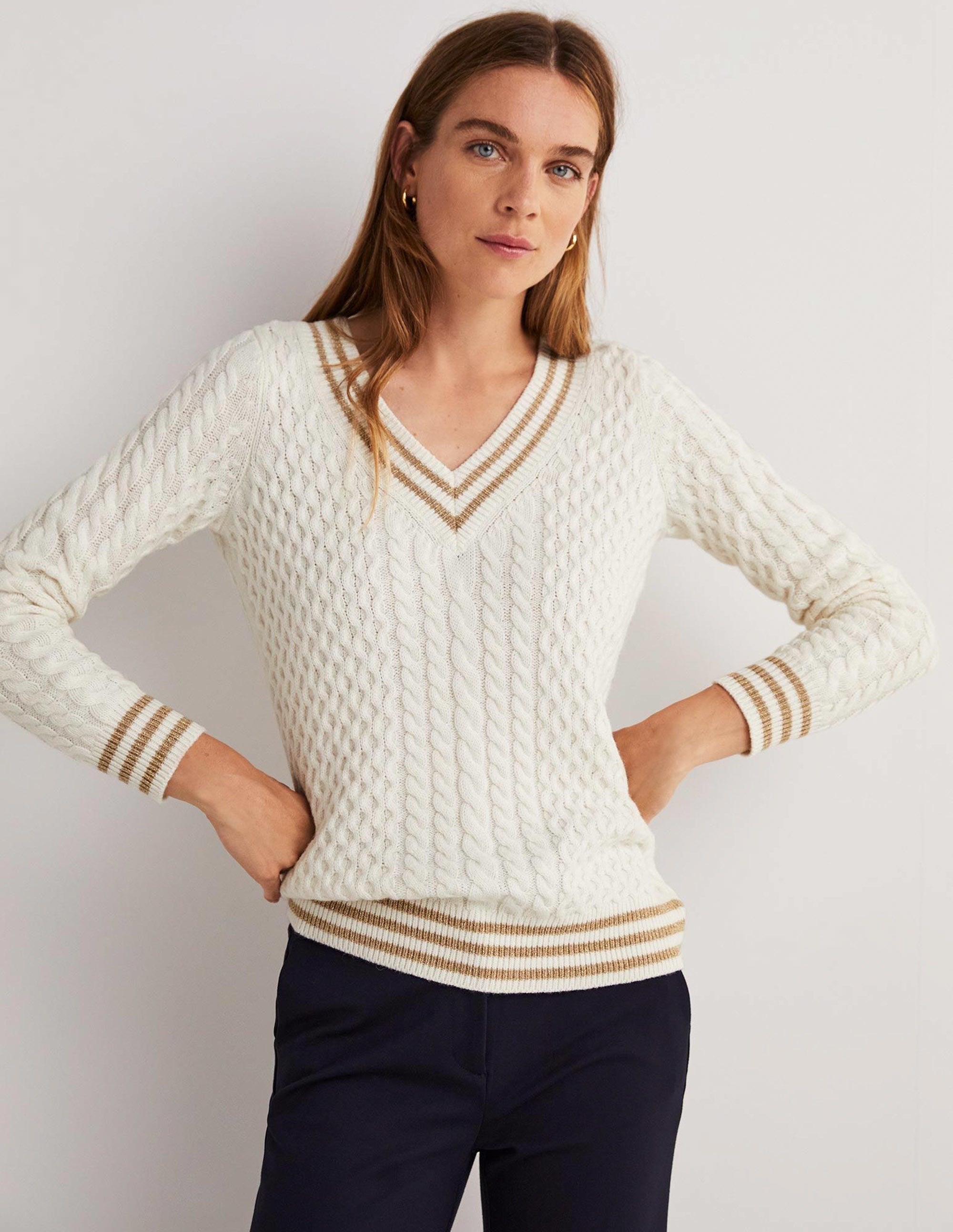 Cable Knit V-neck Jumper-Ivory - Image 4