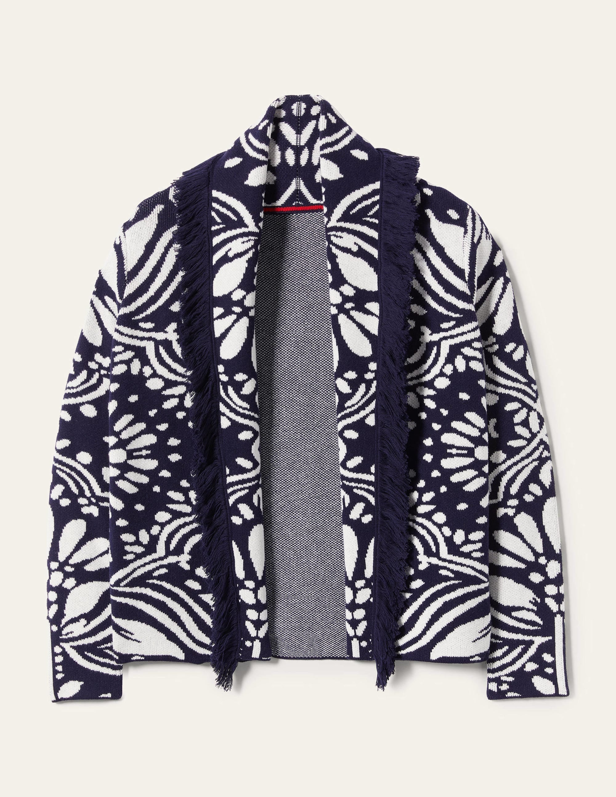 Fringed Jacquard Knit Jacket-Navy, Oriental Diamond - Image 9