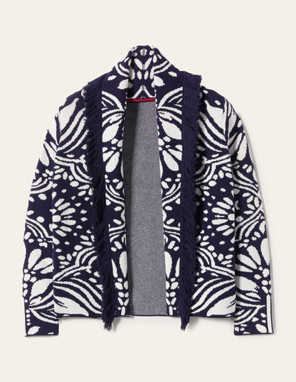 Jacquard-Strickjacke mit Fransen-Navy, Orientalische Diamanten-9