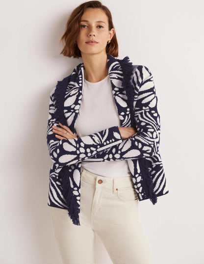 Jacquard-Strickjacke mit Fransen-Navy, Orientalische Diamanten-1