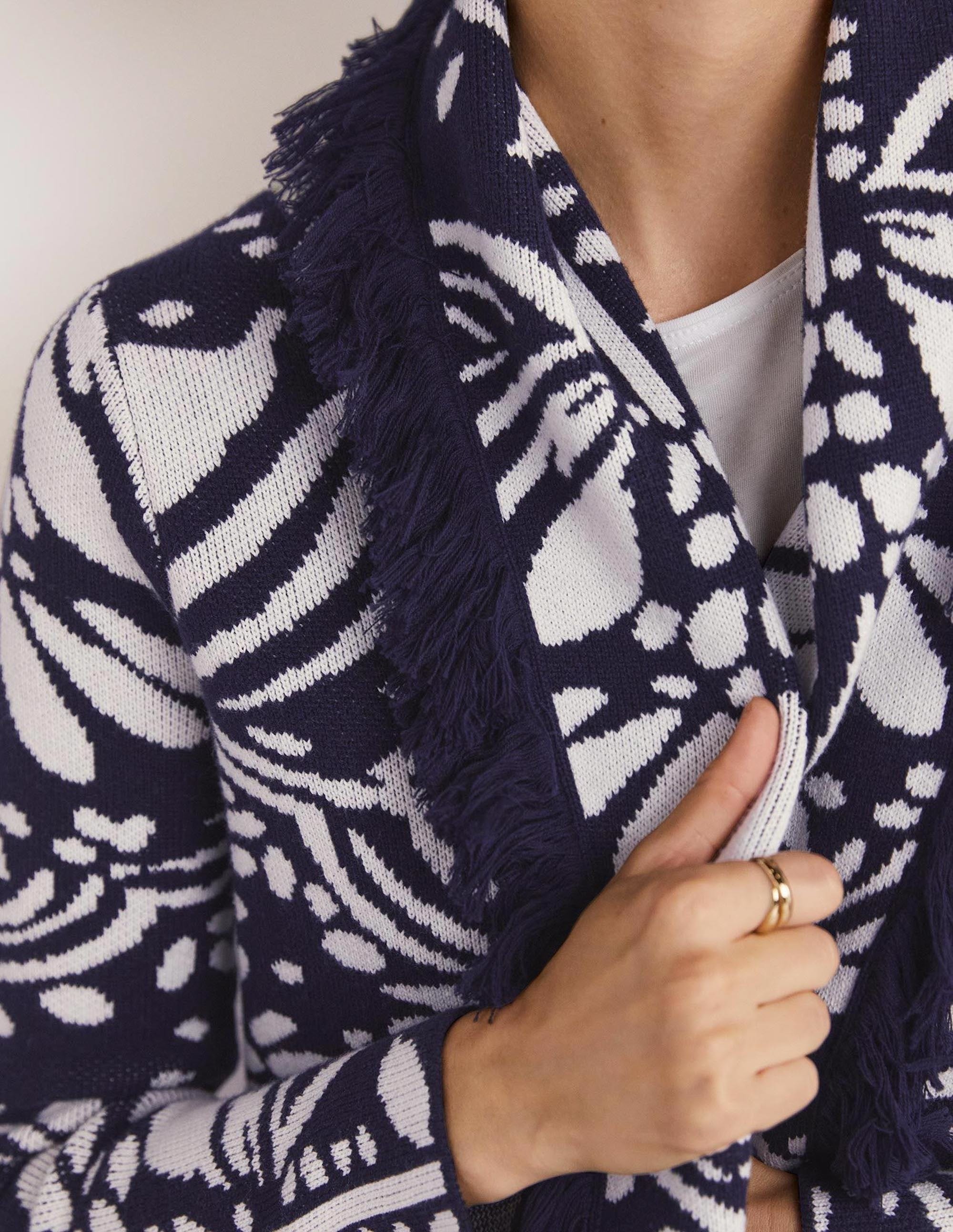 Fringed Jacquard Knit Jacket-Navy, Oriental Diamond - Image 3