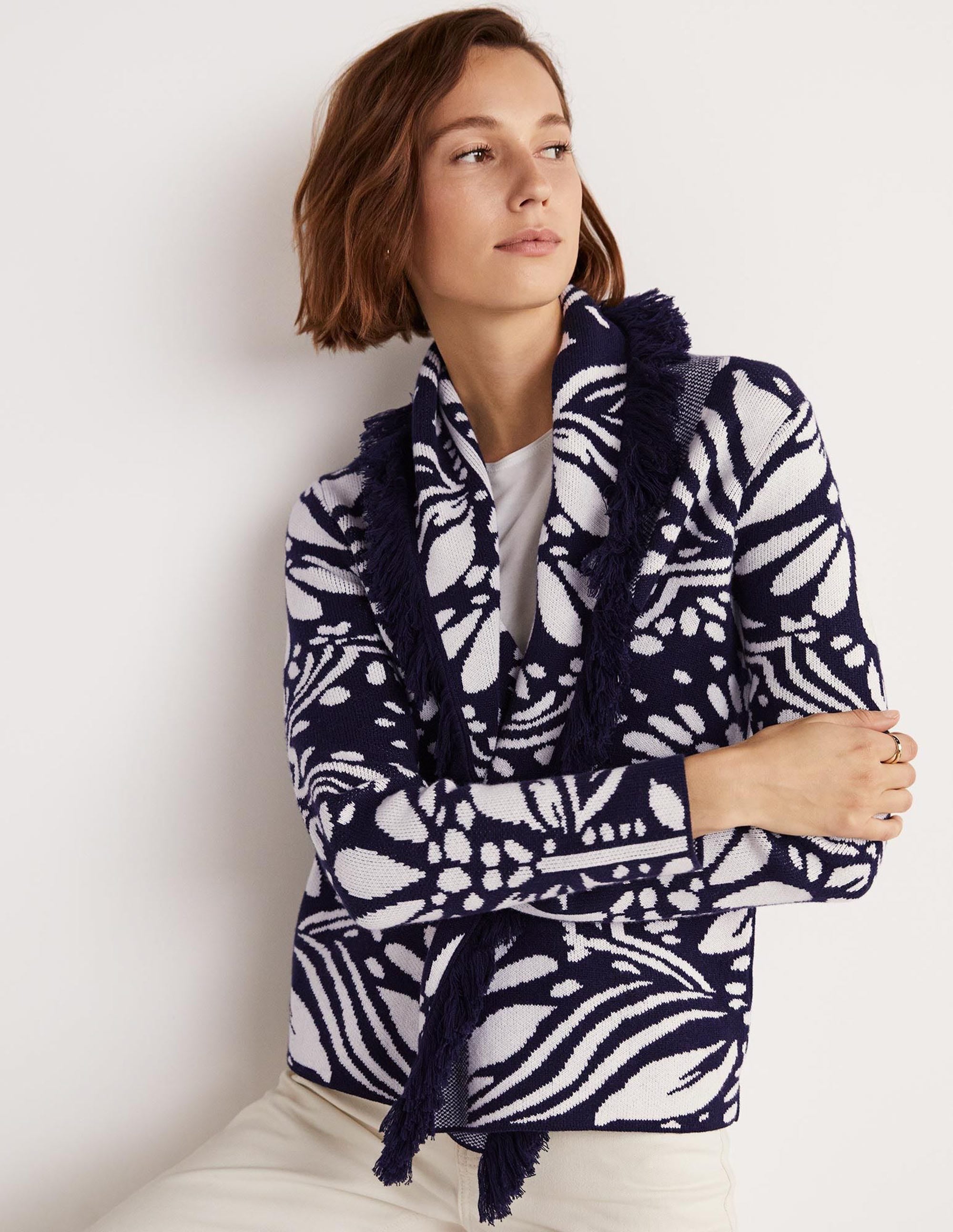 Fringed Jacquard Knit Jacket-Navy, Oriental Diamond - Image 5