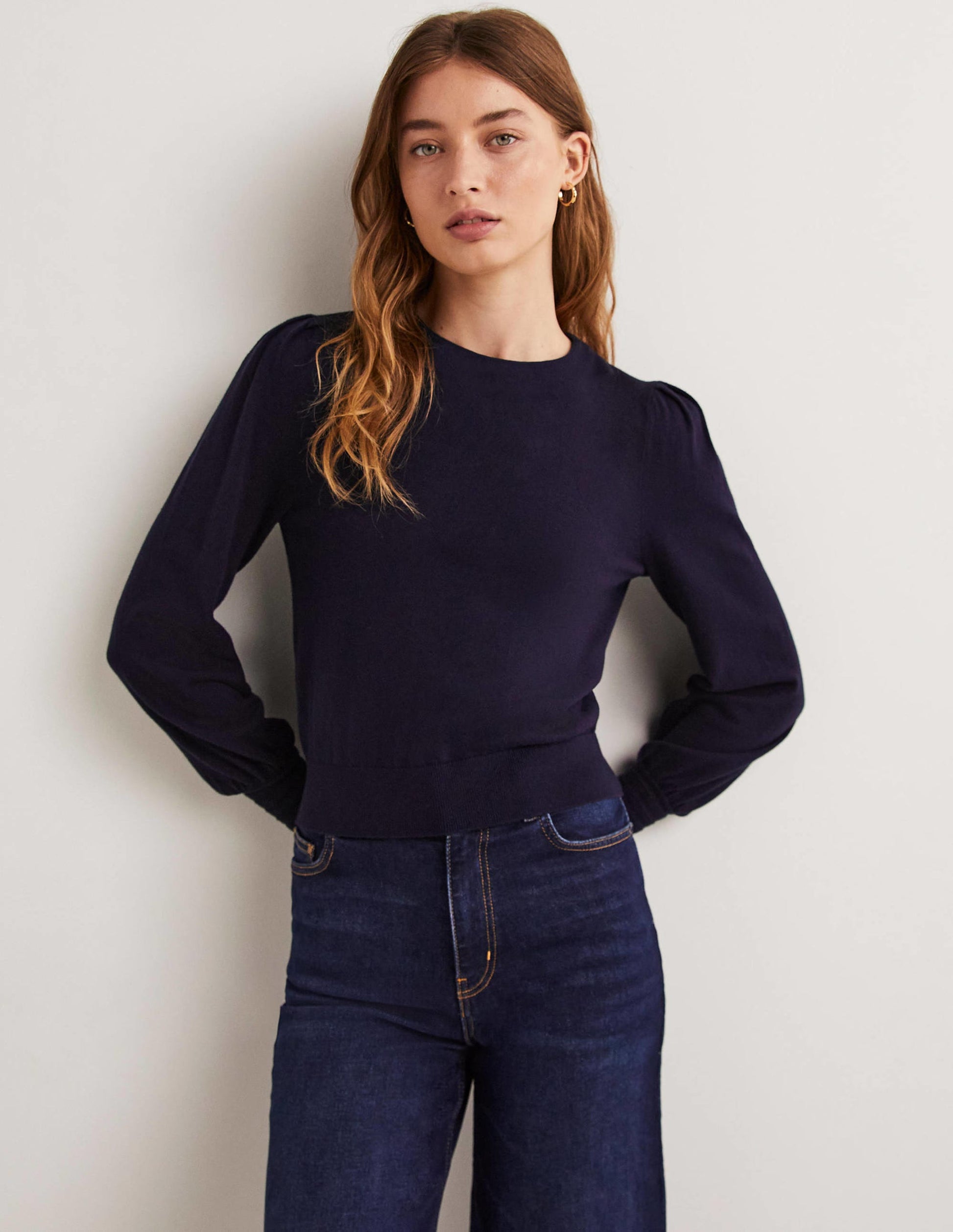 Pointelle-Pullover mit Detail-Marineblau-1