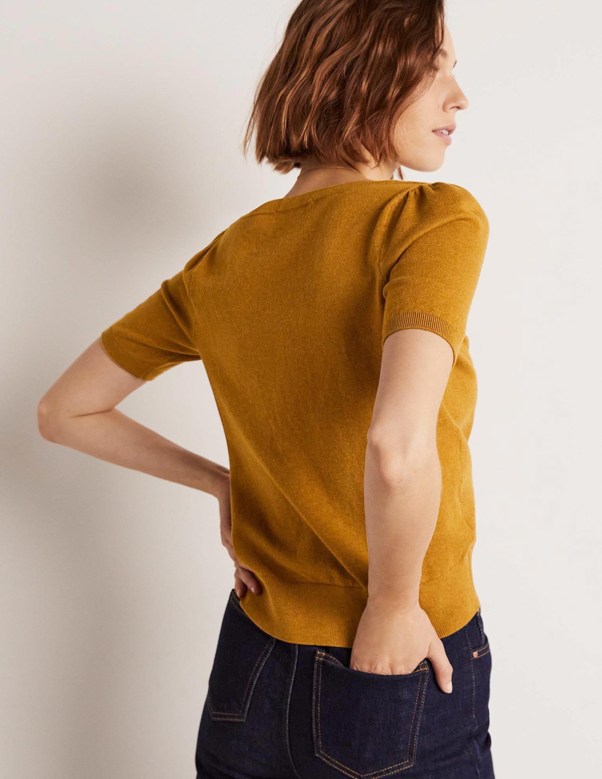 Top à col carré en maille de coton-Marron caramel chiné - Image 3