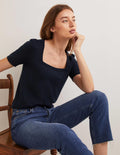 Cotton Square Neck Knitted Top-Navy