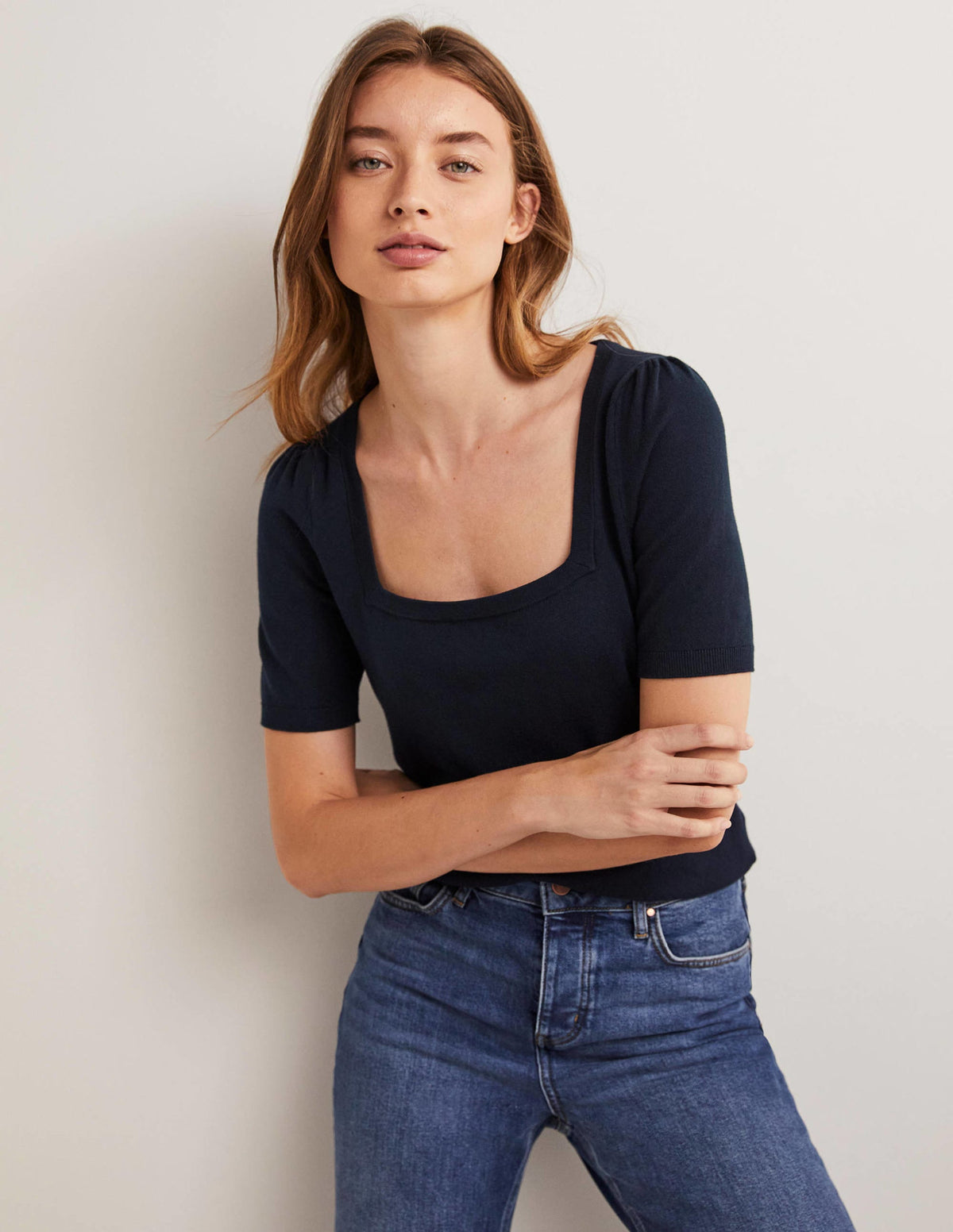 Cotton Square Neck Knitted Top-Navy - Image 4