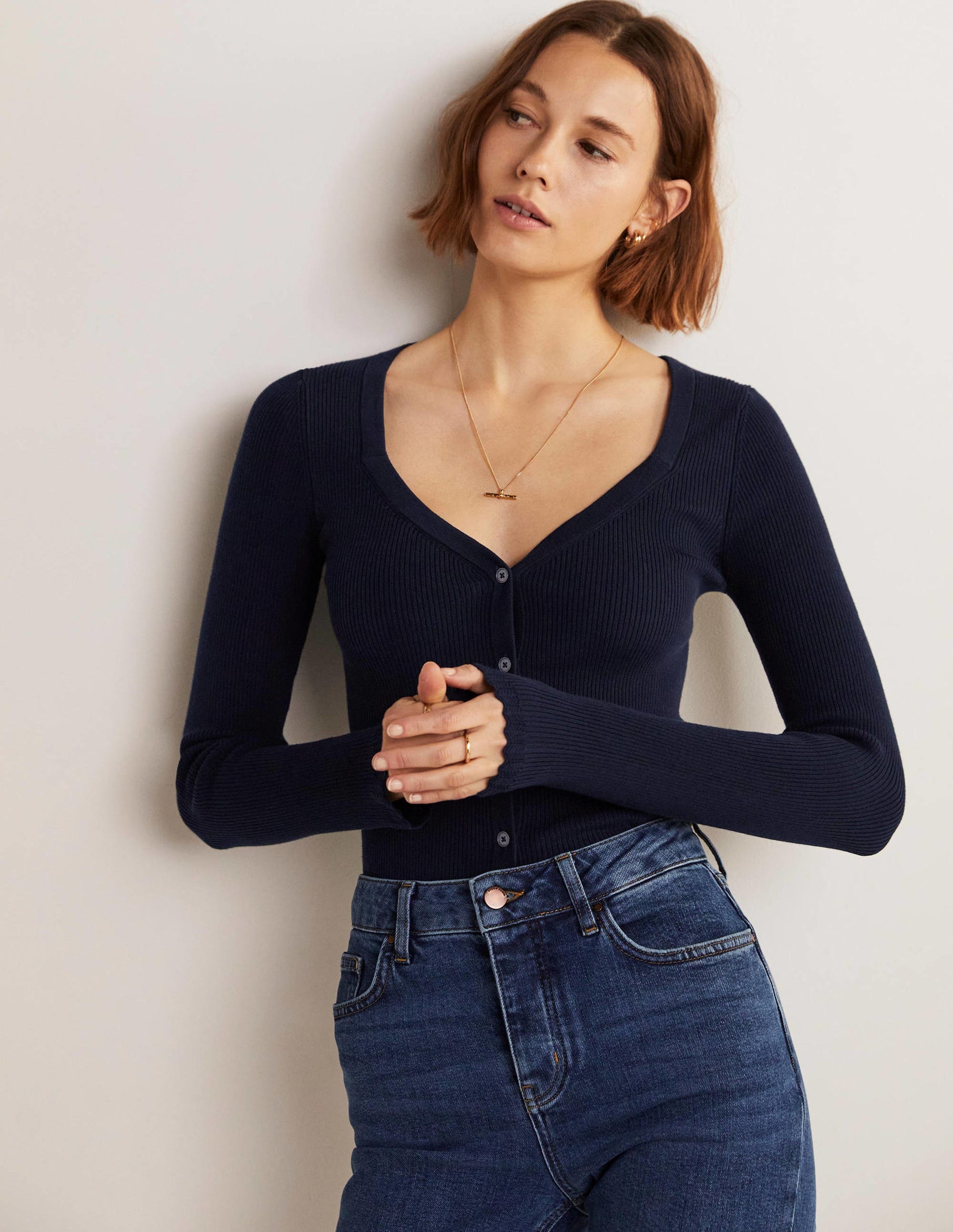 Gerippter Cardigan mit Herzausschnitt-Marineblau-5