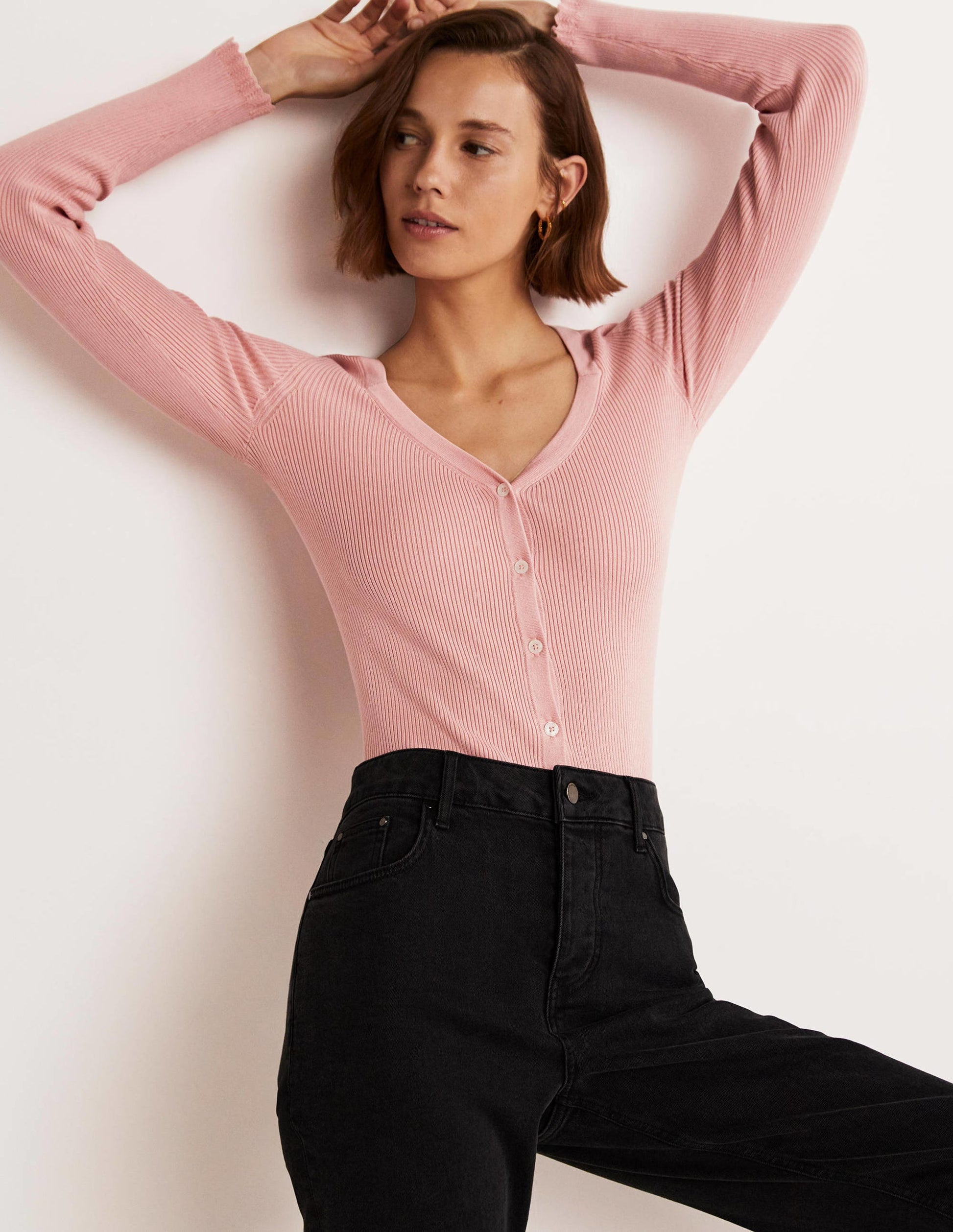 Ribbed Sweetheart Cardigan-Almond Pink-5