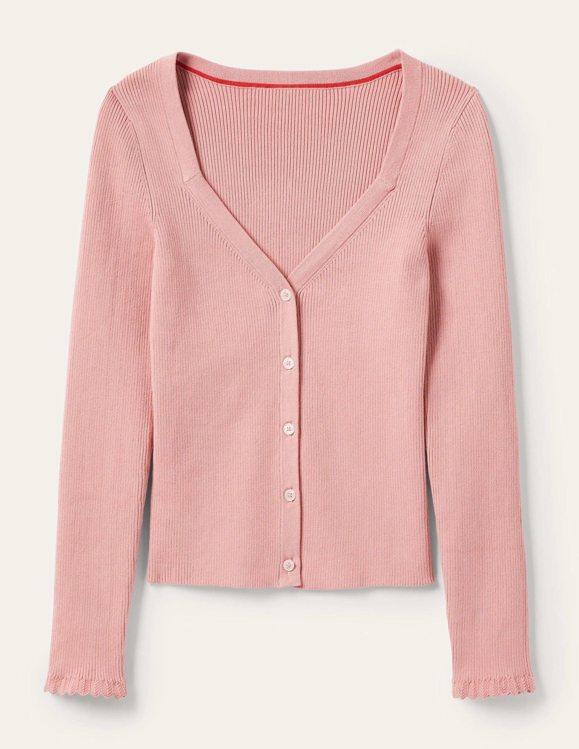 Ribbed Sweetheart Cardigan-Almond Pink-9